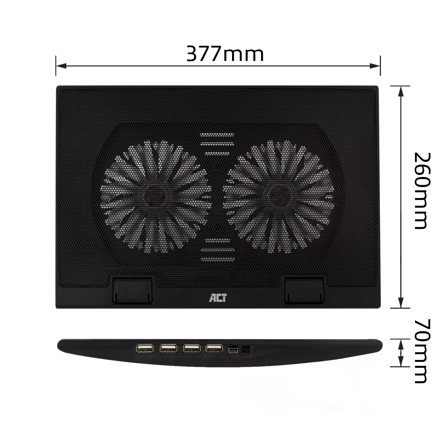 ACT Support de Refroidissement pour Ordinateur Portable 17", 2 Ventilateurs Silencieux, Hauteur Réglable, Concentrateur USB 4 Ports