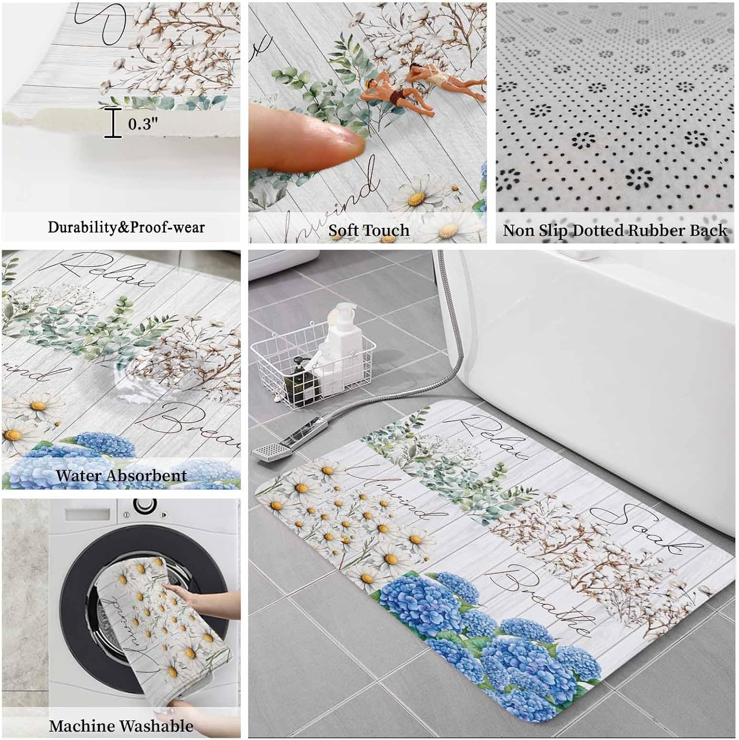 Eucalyptus Leaf Bathroom Rugs Set Hydrangeas Cotton Non Slip Absorbent Soft Bath Mats 3 Piece Set with Bathroom Rug, U-Shaped Floor Mat, Toilet Seat Cover Small Size