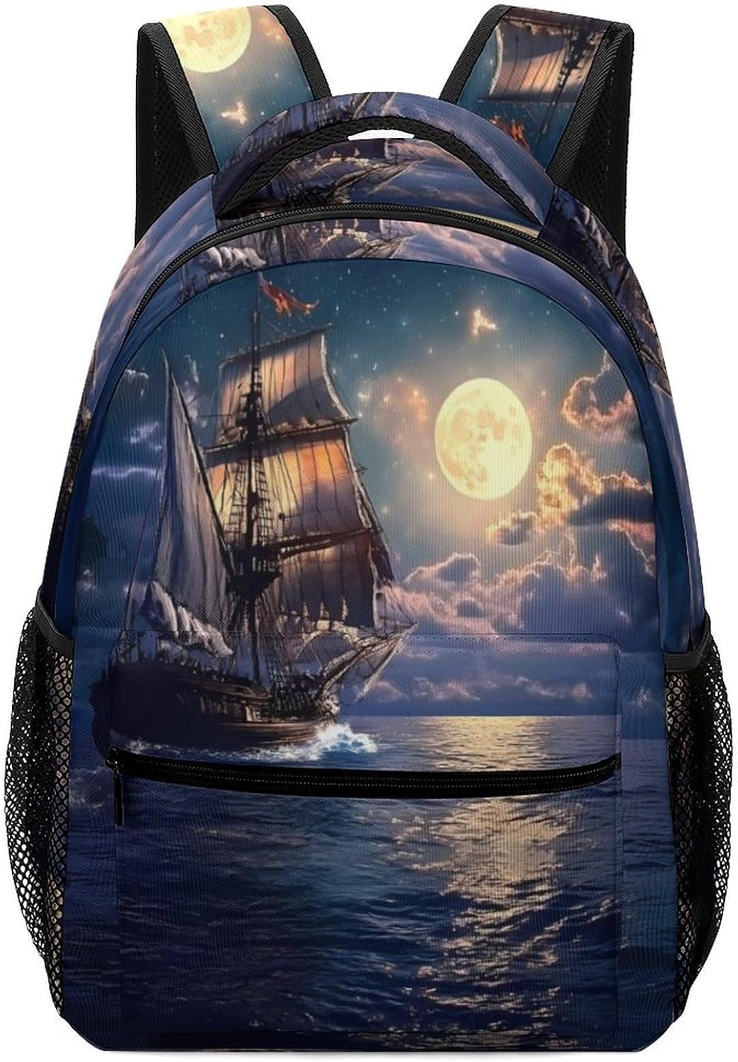 Boat Seascape And Moon in The Sky Laptop Backpack Lightweight Travel Daypack Shoulder Bag for Men Women