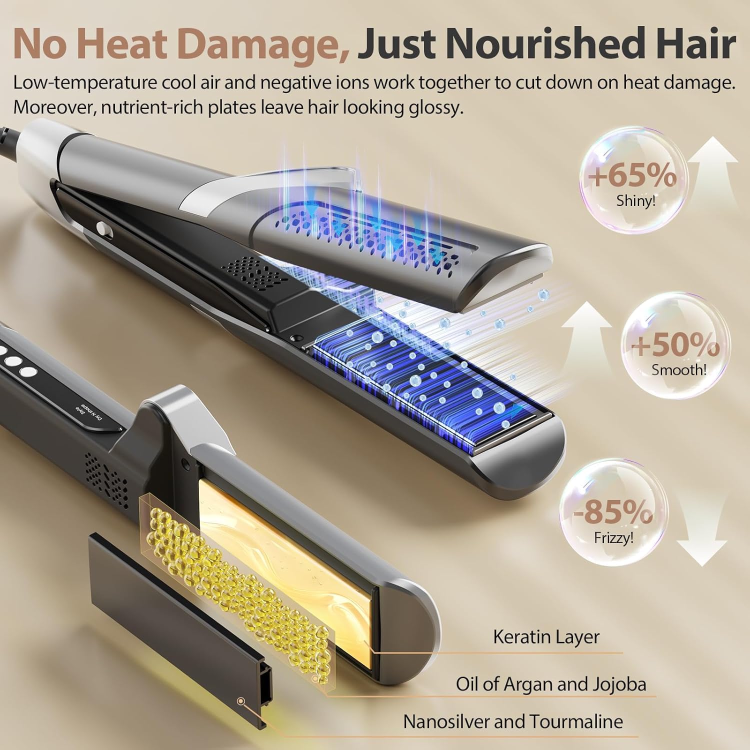Upgraded Hair Air Straightener, Quico 100-240V Dual Voltage High-Speed Airflow 2 in 1 Straightener and Curler Travel Airstraight, 5 Temps Ionic Hair Care Flat Iron Hair Straightener, Premium Grey