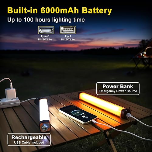 Miniatura 5 de Linterna LED para campamento recargable, banco de energía de 6000 mAh, luces LED magnéticas para acampar con 6 modos, linterna portátil, luces