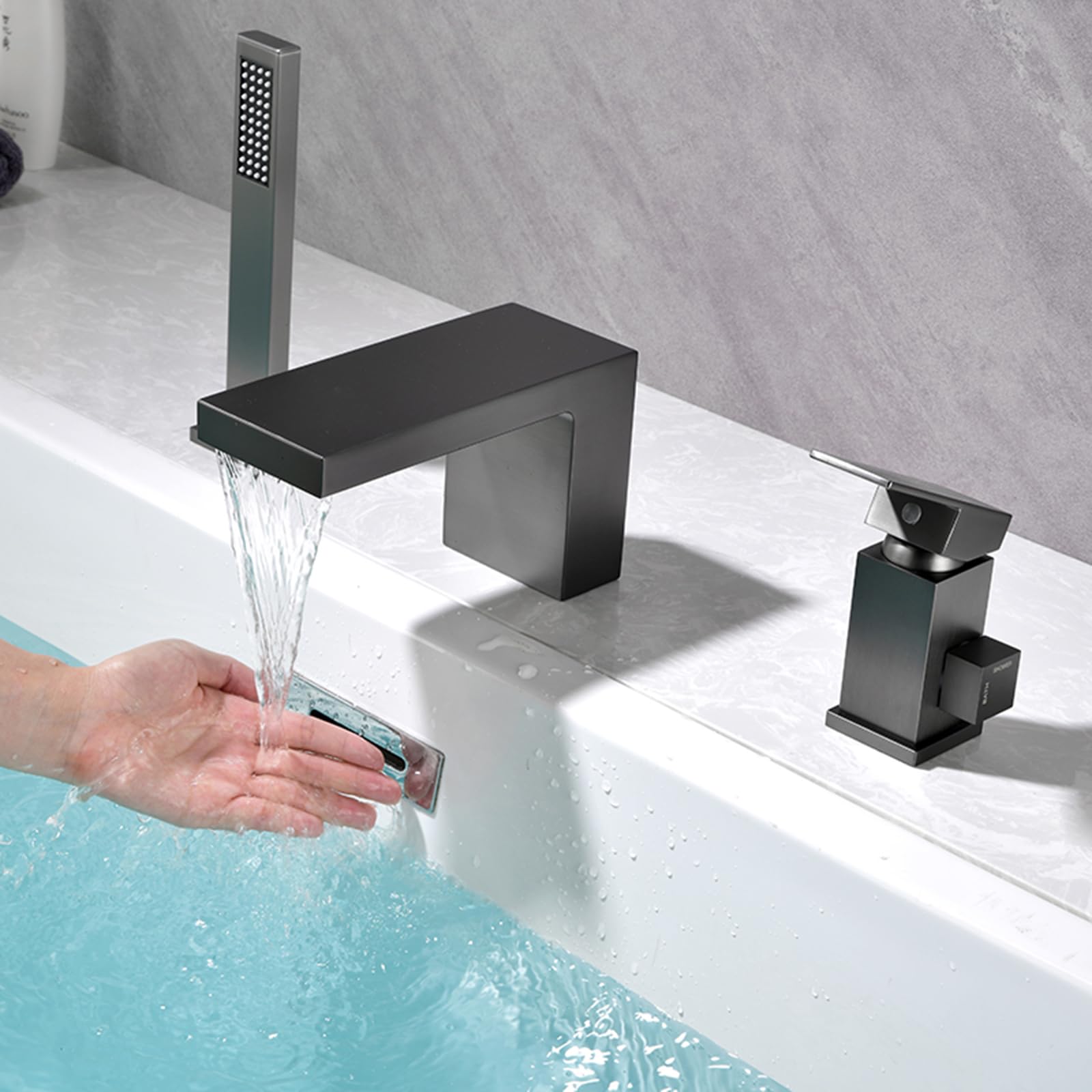 Grifo Mezclador de Bañera Y Ducha con Efecto Cascada 3 Orificios para Montaje En Cubierta Monomando Gris