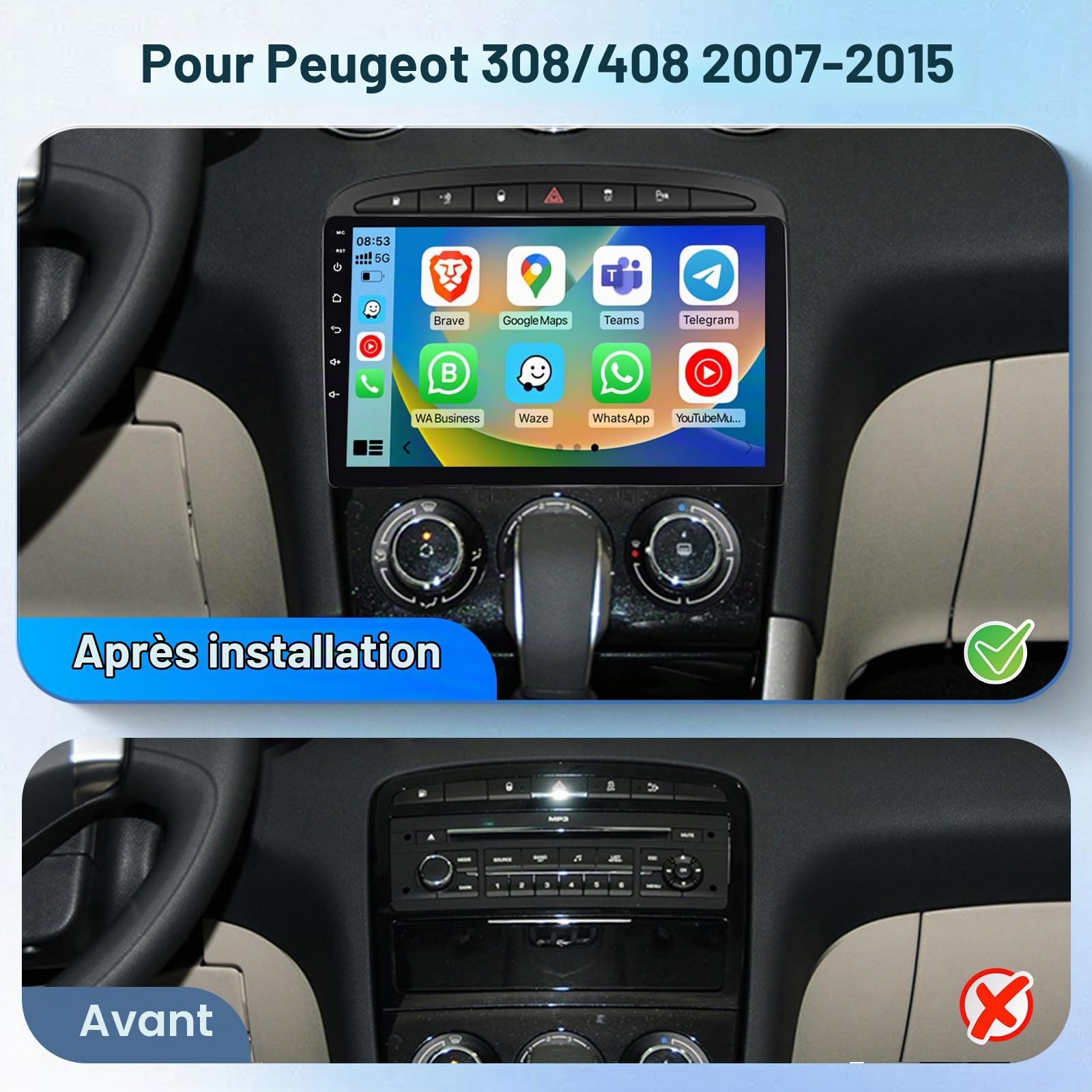 Autoradio CarPlay sans Fil pour Peugeot 308 408 2007-2015, Android 15, Écran Tactile 9 Pouces, Android Auto, GPS, Bluetooth, WiFi, FM/RDS, DSP, Caméra de Recul, 2Go+64Go