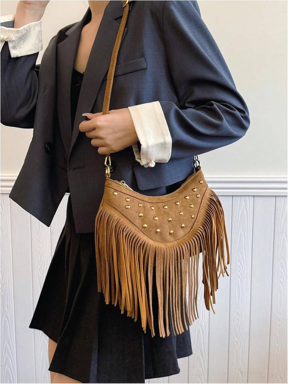 OYOANGLE Women's Rivet Fringe Trim Suede Crossbody Bags Boho Hippie Western Style Shoulder Handbag