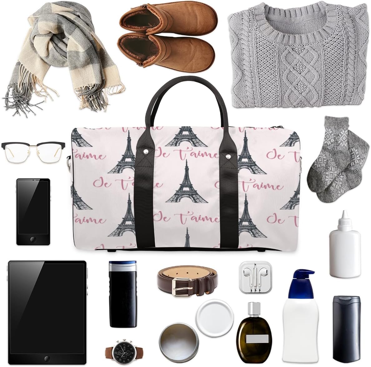 Paris Tower Travel Duffel Bag for Women Men Large Capacity Overnight Weekender Bags for Lightweight Waterproof Sport Gym Bag for Workout Yoga Swim