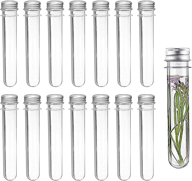 14 PCS Test Tubes Plastic Test Tubes of Volume 40ml Transparent Storage Aluminum Screw Lid Caps for Flower Plants Beads Needles Jewellery Hooks Candies Laboratory