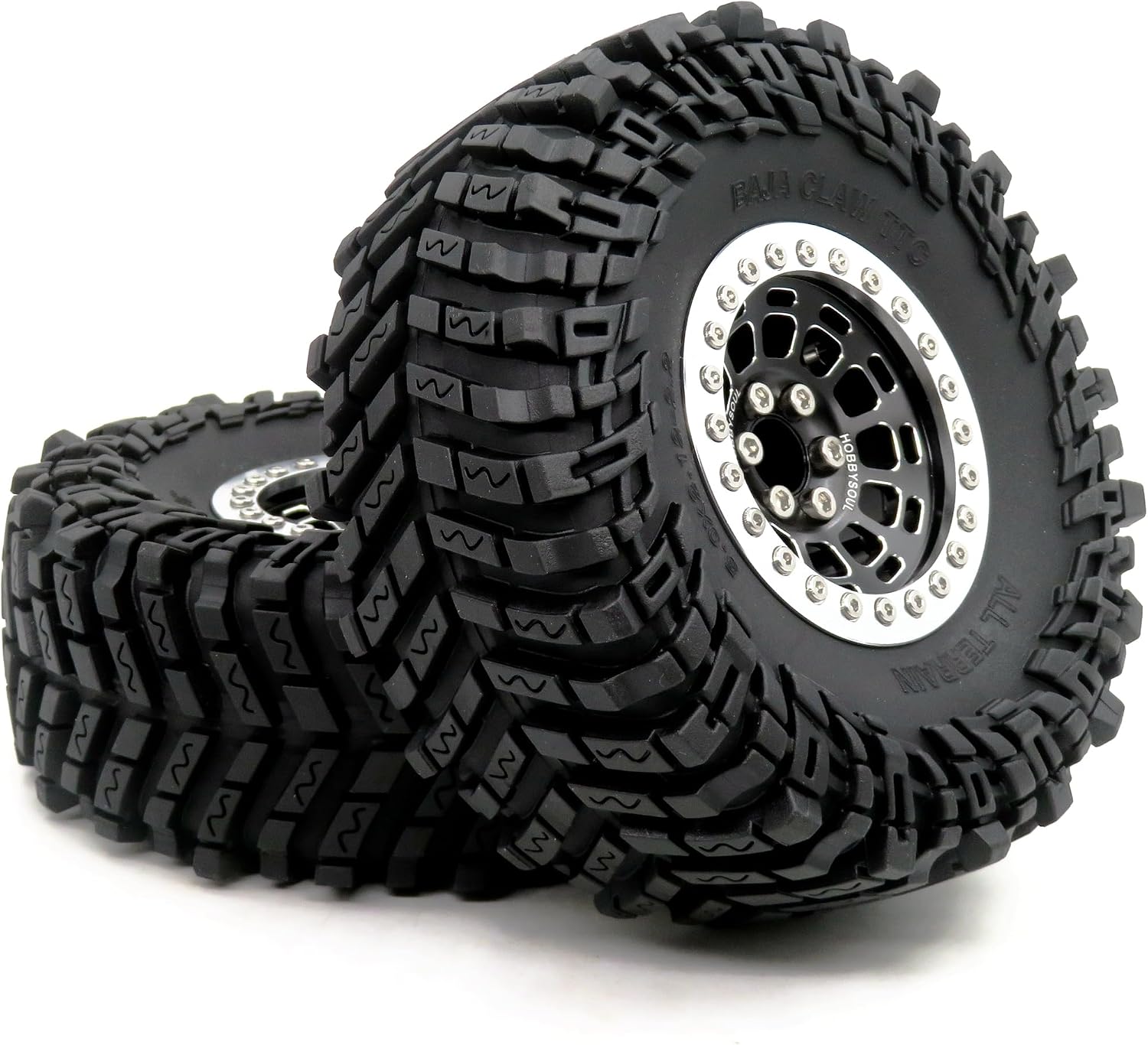 HOBBYSOUL All Terrain 2.2 Tires Tyres Height 5.0'' & 2.2 Beadlock Wheels Rims Black Silver for RC Mud Crawler Trail Gen8 Everest gen 7 Pro/Axial Capra Wraith / TRX4, (4-Pack)