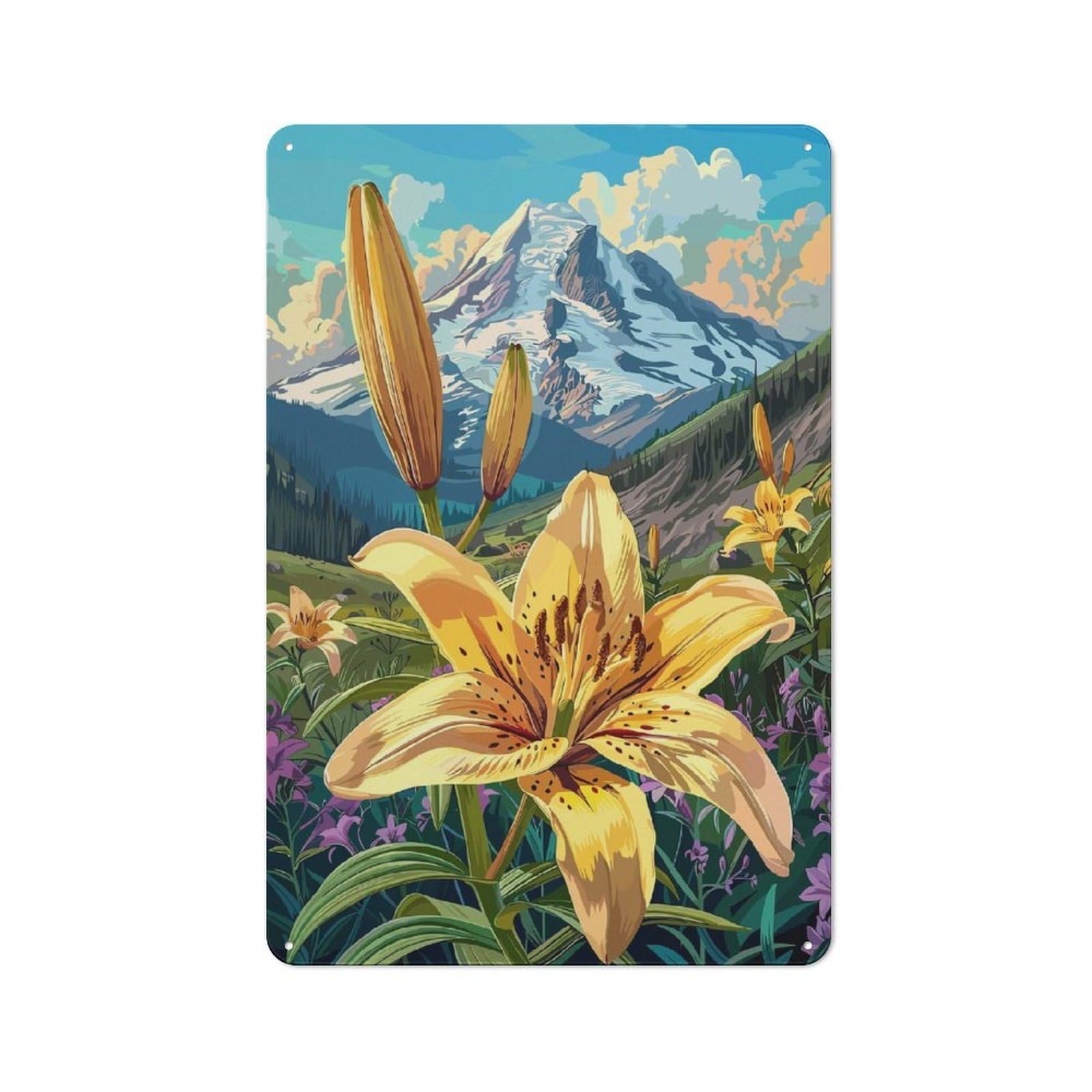 Junmoney Style-17 Tin Wall Plaque 30X20cm With Mountain Lilies For Garage Wall, With Clear Vintage Wall Decor Character