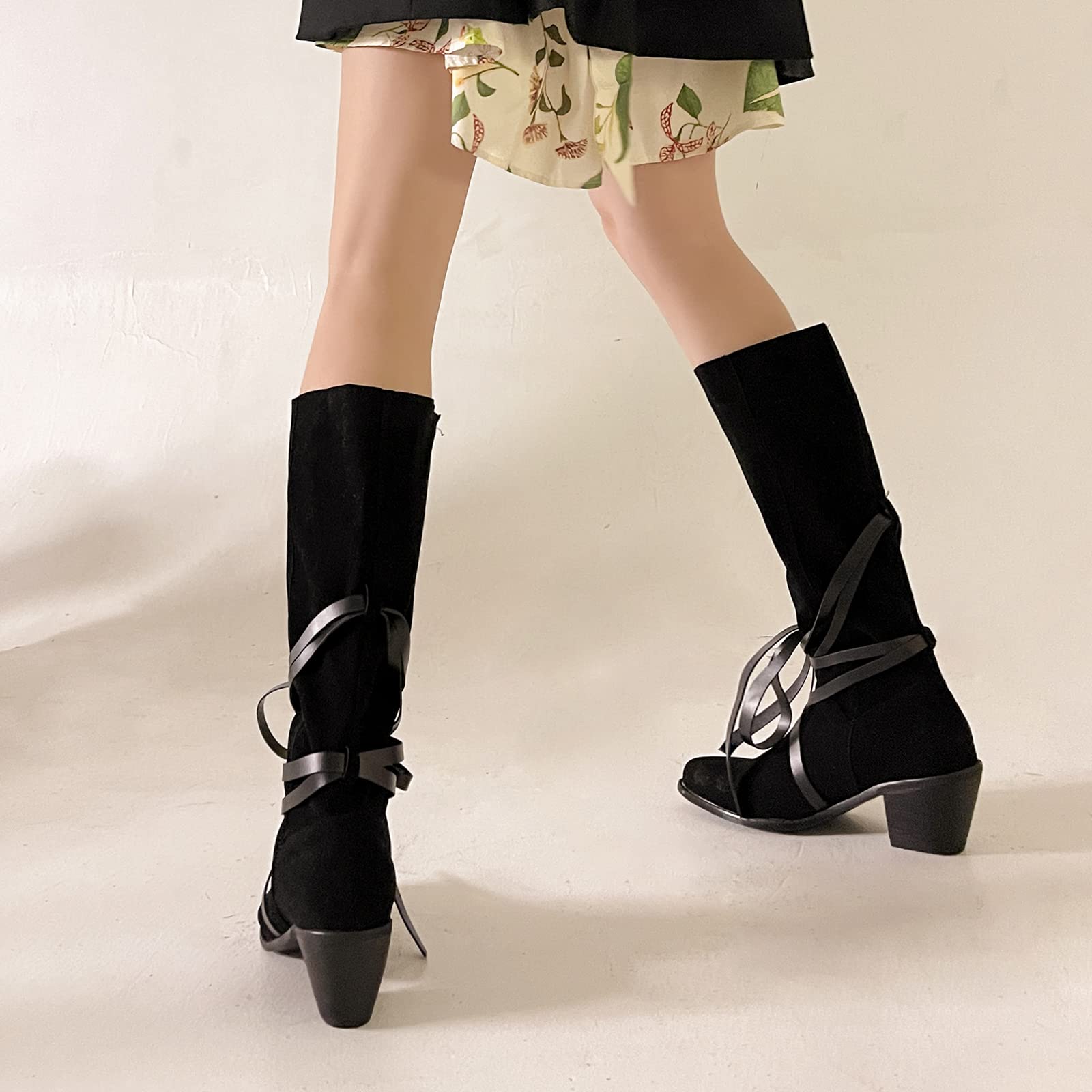 CUTEHEELS Damskie buty w stylu vintage, wsuwane na kolanach, wysokie i średnie łydki, z obcasami blokowymi i spiczastym noskiem, czarny, 42 EU