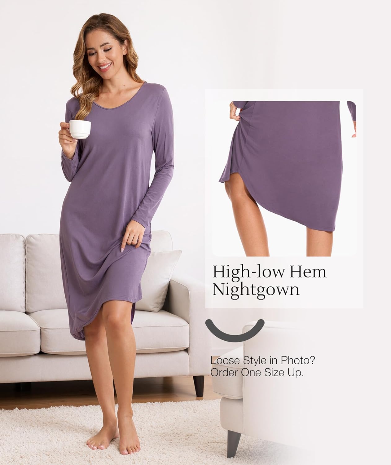 GYS Bamboo Viscose Nightgowns for Women, Soft Long Sleeve V Neck Night Shirts Sleepwear, Below the Knee Long Nightgown Pajama - Image 5