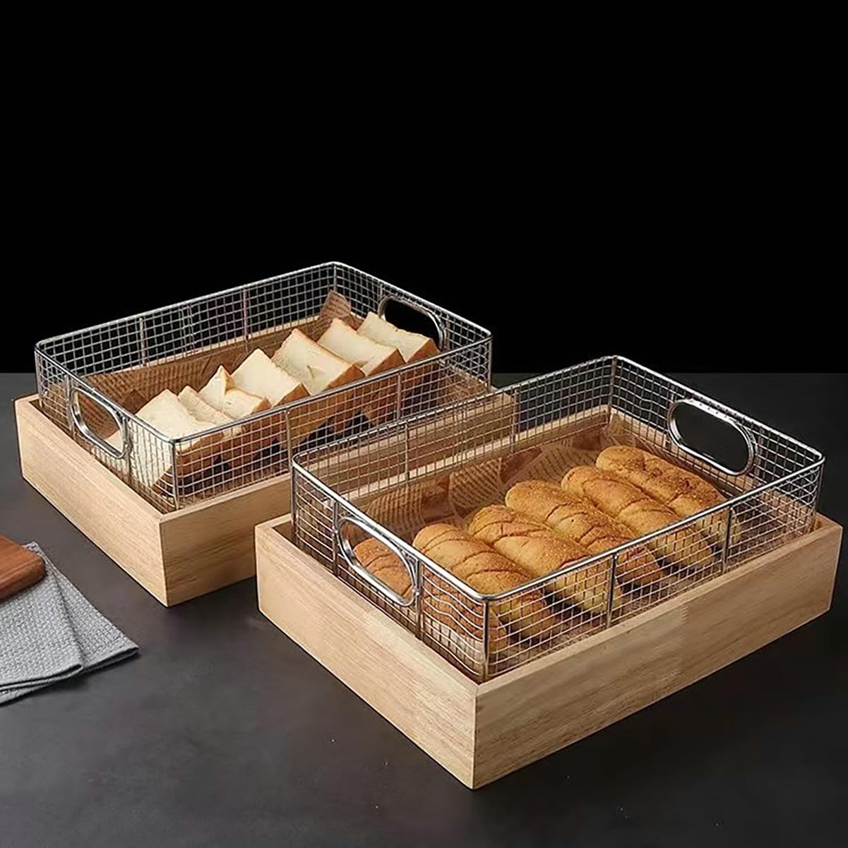 Espositore per cibi fritti a Buffet Commerciale dell'hotel, Supporto in Legno, Cesto per Pane di Frutta in Acciaio Inossidabile, Cestino espositivo,B