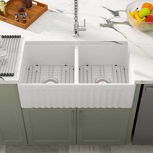 Miniatura 2 de Dcolora Fregadero de cocina de granja blanco de 33 pulgadas Delantal de fregadero de cocina de granja de cerámica blanca de arcilla refractaria de