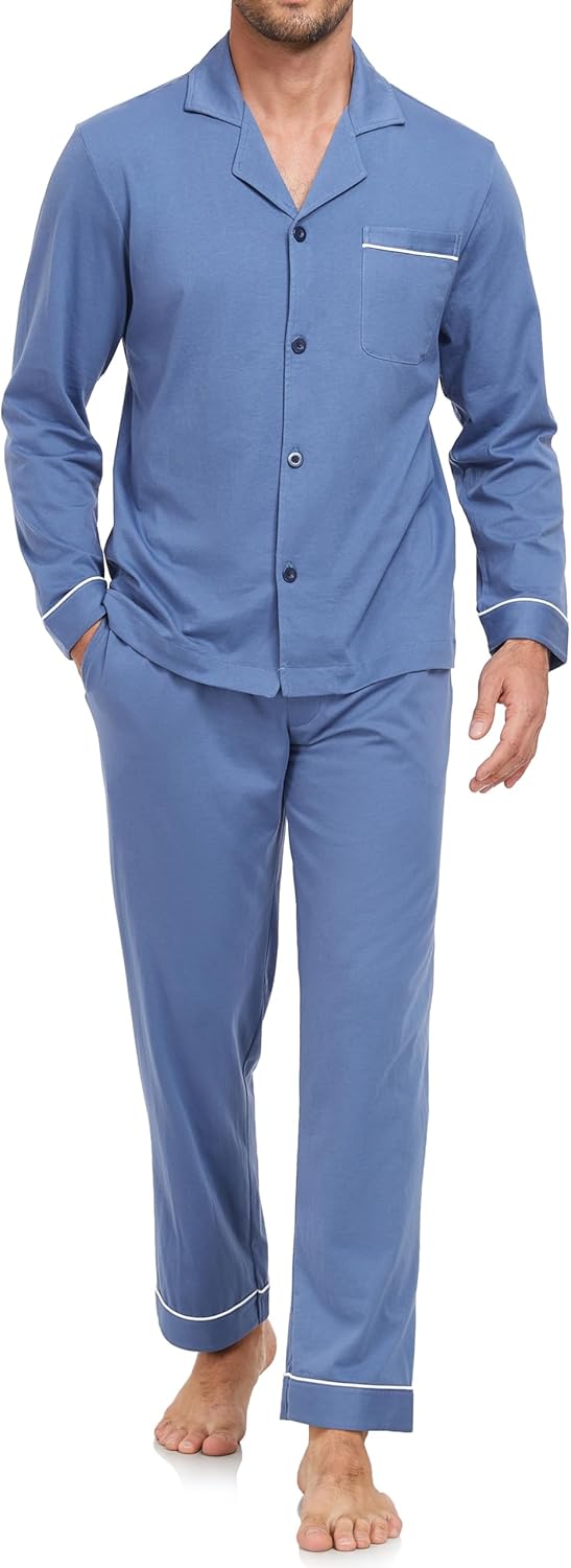 COLORFULLEAF 100% Cotton Men's Pajama Set Long Sleeve Button Down Top & Pants Soft Breathable Loungewear with Pockets