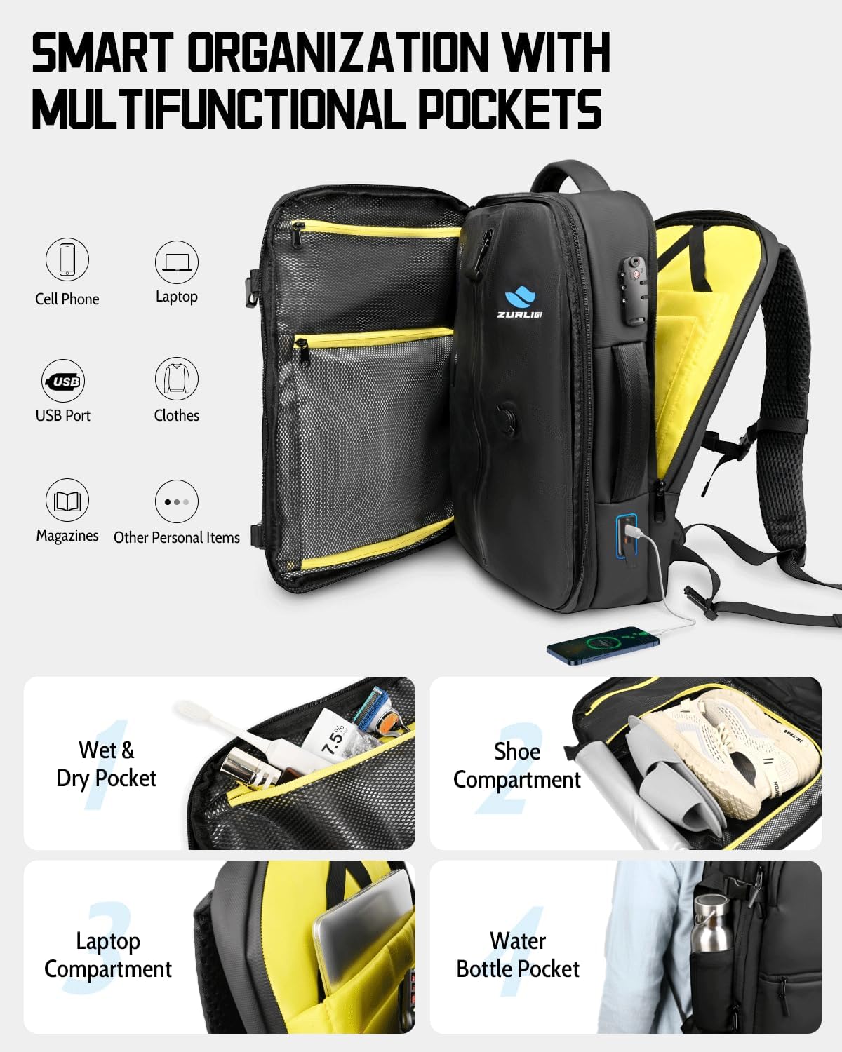 Zurligi Vacuum Backpack for Travel with Pump, 30-70L Expandable Vacuum Seal Compression Backpack, Casual Daypack, TSA-Lock(Vacuum Flex, Black) - Image 4