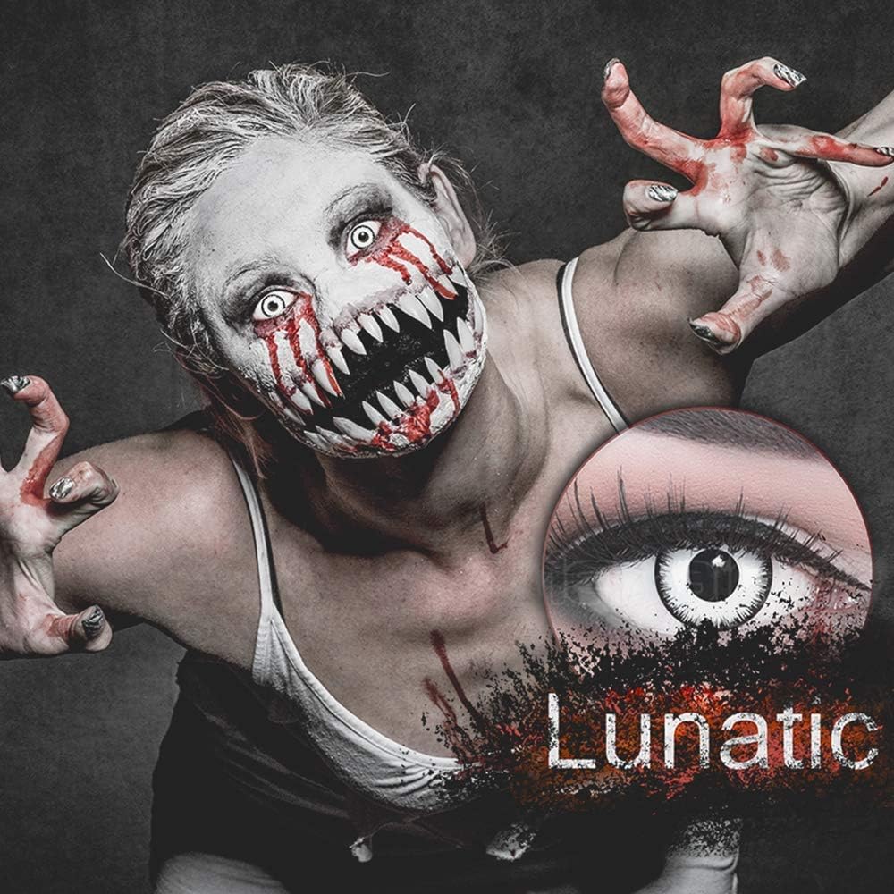 Lentillas de color blancas negro Lunatic 1 par. Cómodas y perfectas para carnaval de Halloween, cosplay de anime, blandas, sin dioptrías + recipiente de lentillas, sin graduación