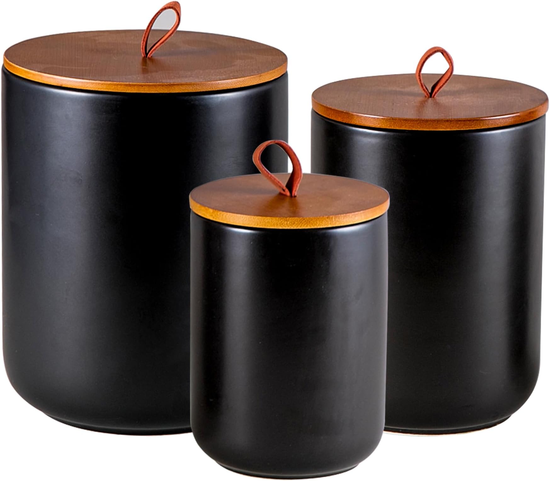 Mowtanco Ceramic Canister Set (30 oz, 48 oz, 82 oz) – Black Ceramic Jar Set with Airtight Bamboo Lids for Flour, Sugar, Tea, Coffee, Pasta, Nuts – 3-Piece Storage Containers for Kitchen Counter