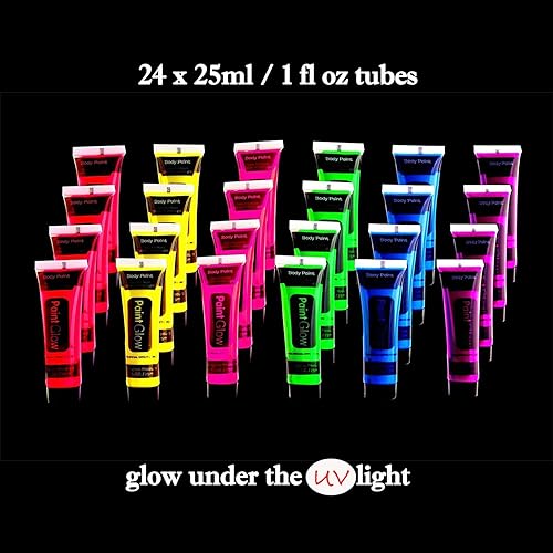 Miniatura 2 de Quiet&Far Juego de pintura corporal con tubos de 24 x 0.8 fl oz / 1 fl oz pintura de neón que brilla en la oscuridad, pintura facial negra reactiva