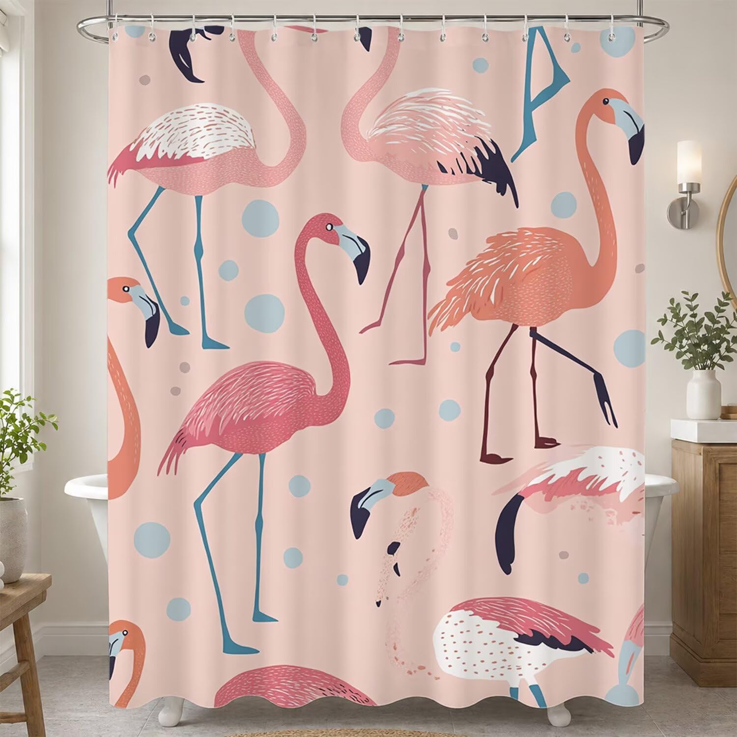 Rideau de douche flamants roses en polyester leste 180x180 cm avec 12 crochets