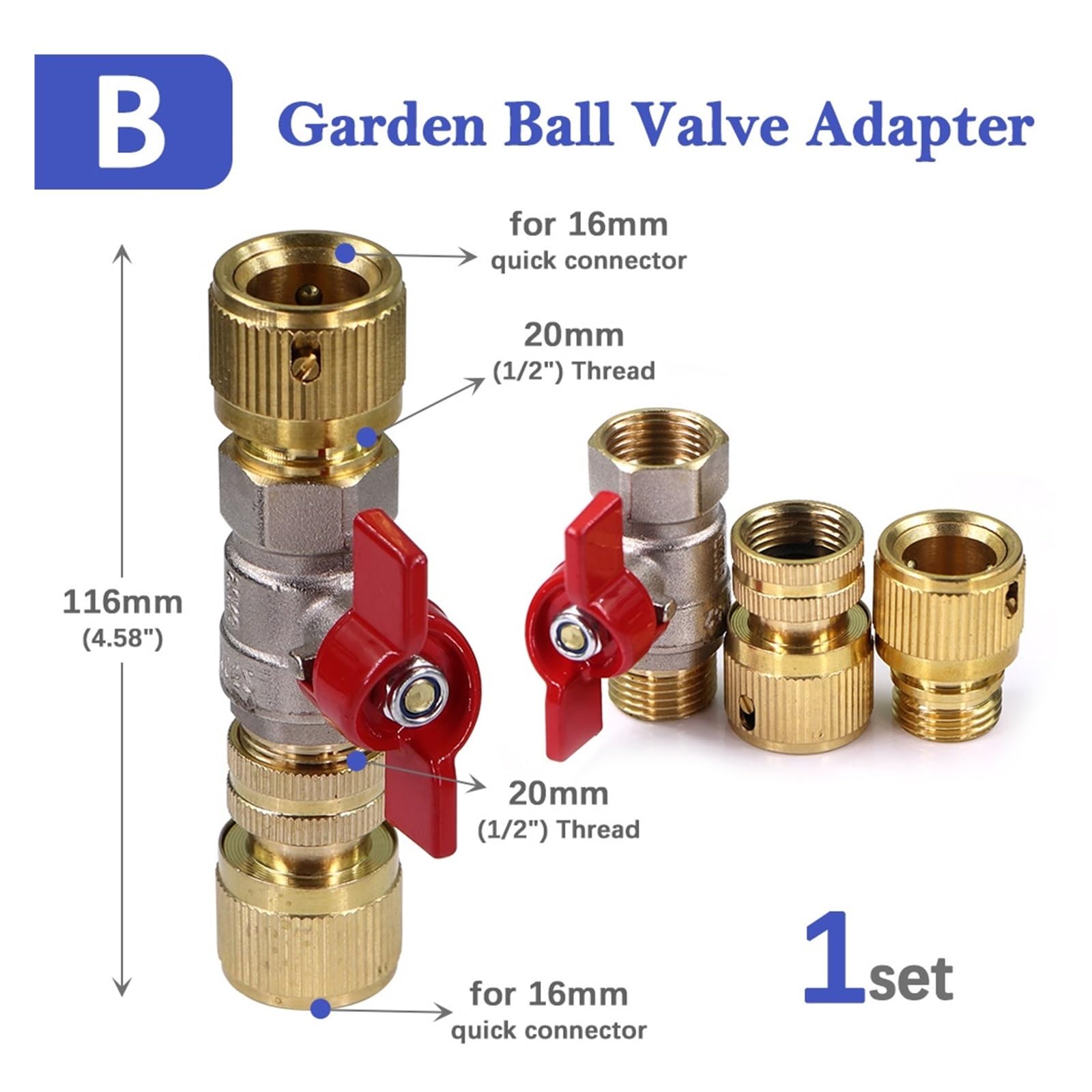 Adaptador de manguera válvula bola latón 1/2 ", conector rápido for chupete 16mm for riego jardín, extensor, junta acoplamiento(B-1set)
