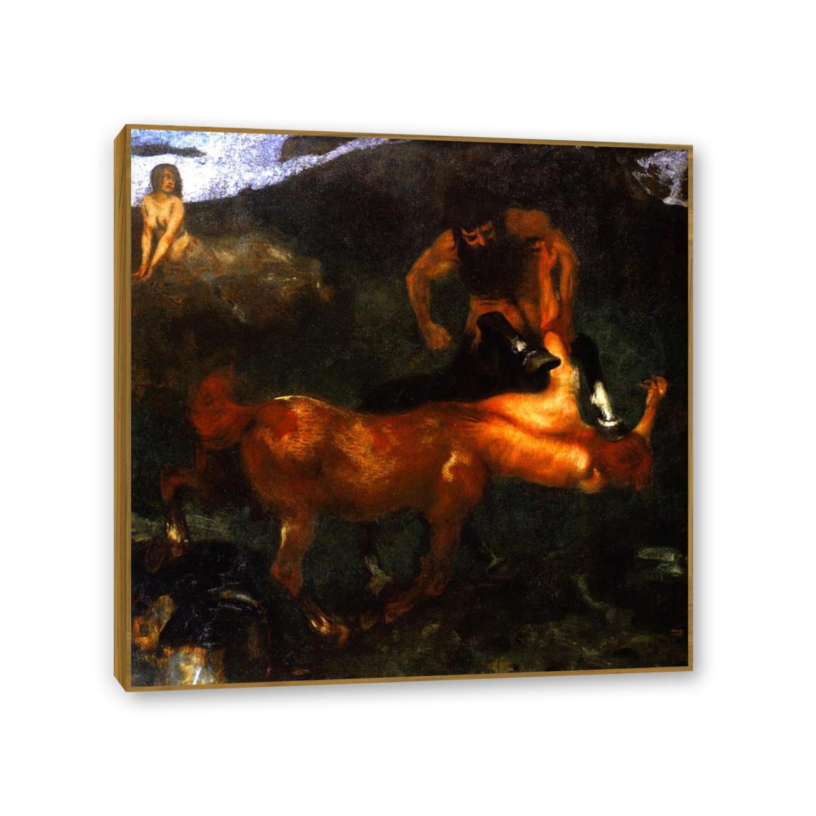 Hau3sh3a Framed Franz Von Stuck Wall Art Print Fighting Centaurs Symbolism Canvas Poster Famous Artwork Wall Decor For Living Room Bathroom Office 60X60cm(24X24in) Teak Frame