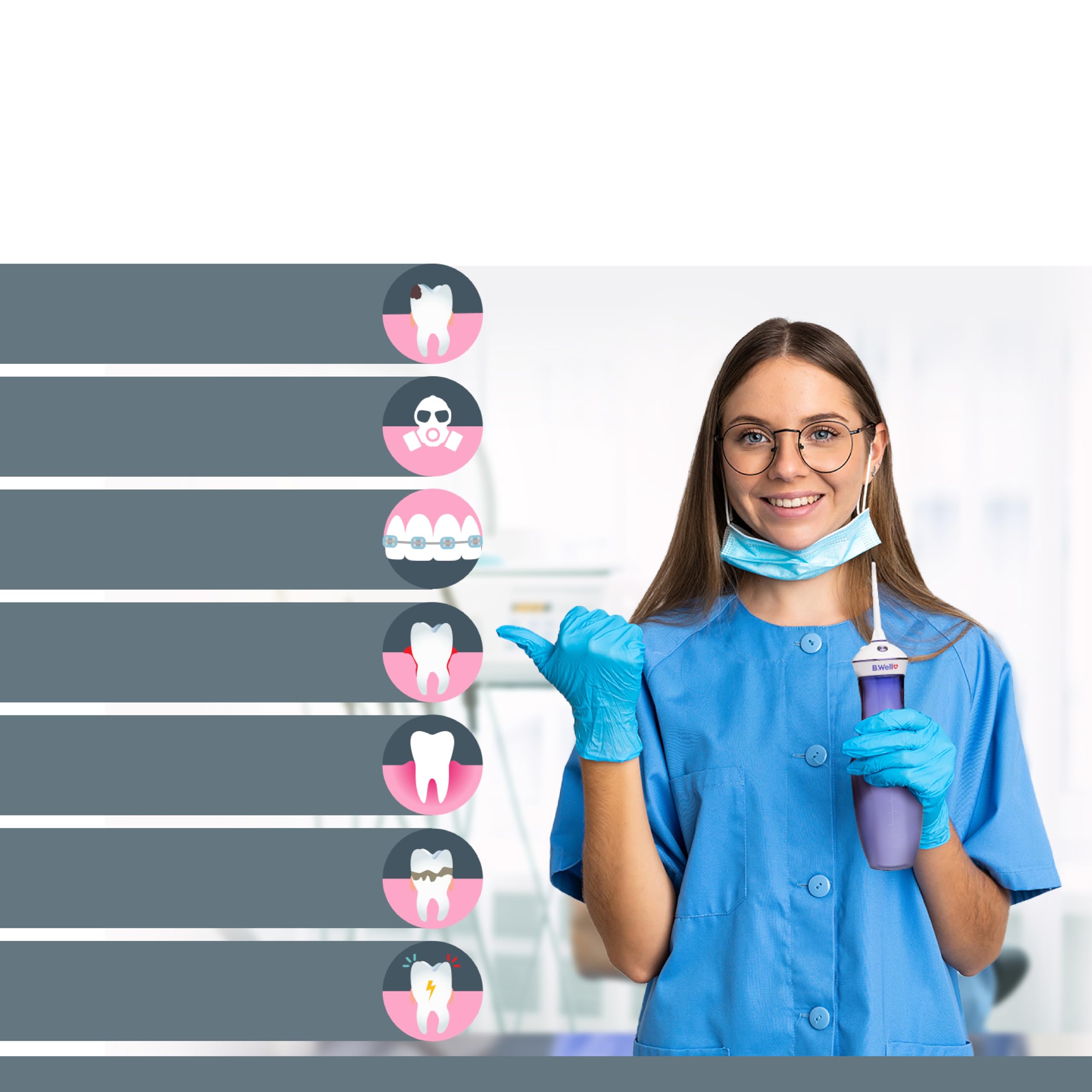 B.Well Suiza TH-917 - Irrigador bucal portátil e inalámbrico (4 modos de funcionamiento, incluye modo individual, depósito de agua de 280 ml, 2 boquillas con rotación de 360°, carga por inducción y