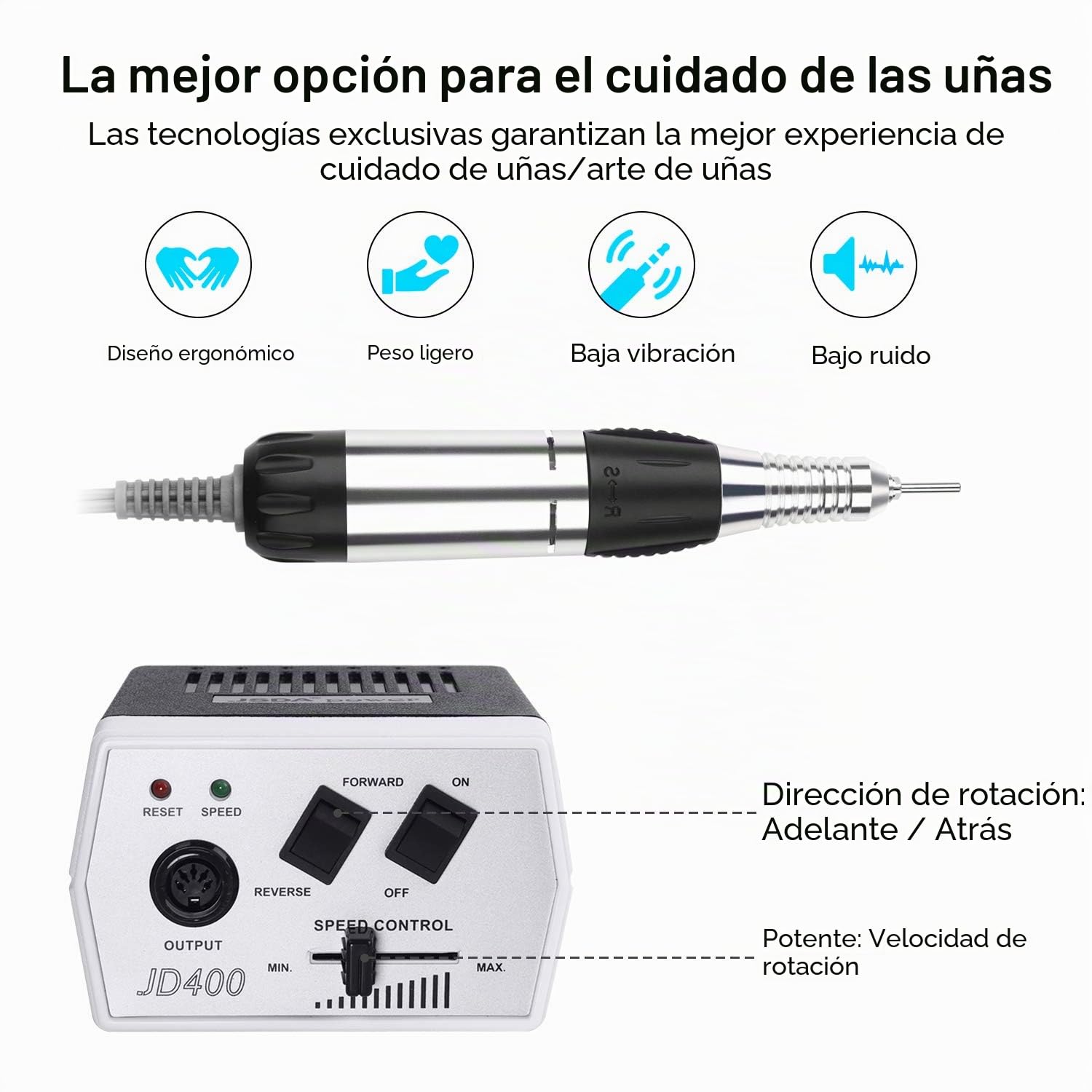JSDA Torno para uñas profesional,lima electrica uñas, 30000 RPM, fresa de carburo de tungsteno, potente, silencioso, baja vibración, Incl. cuatro brocas y un broca de carburo premium