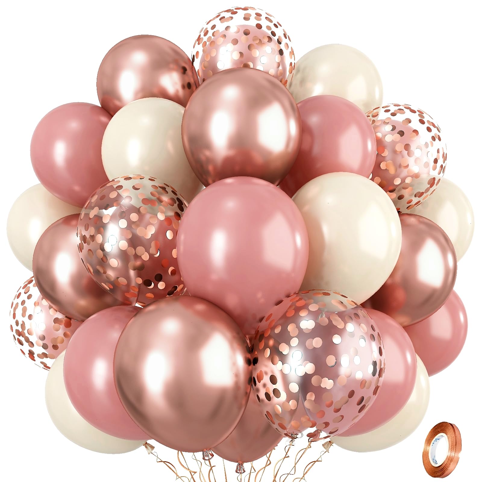 Dusty Pink and Rose Gold Balloons, 12In Retro Blush Pink Beige White Balloons with Metallic Rose Gold Confetti Latex Balloons Set for Girls Women