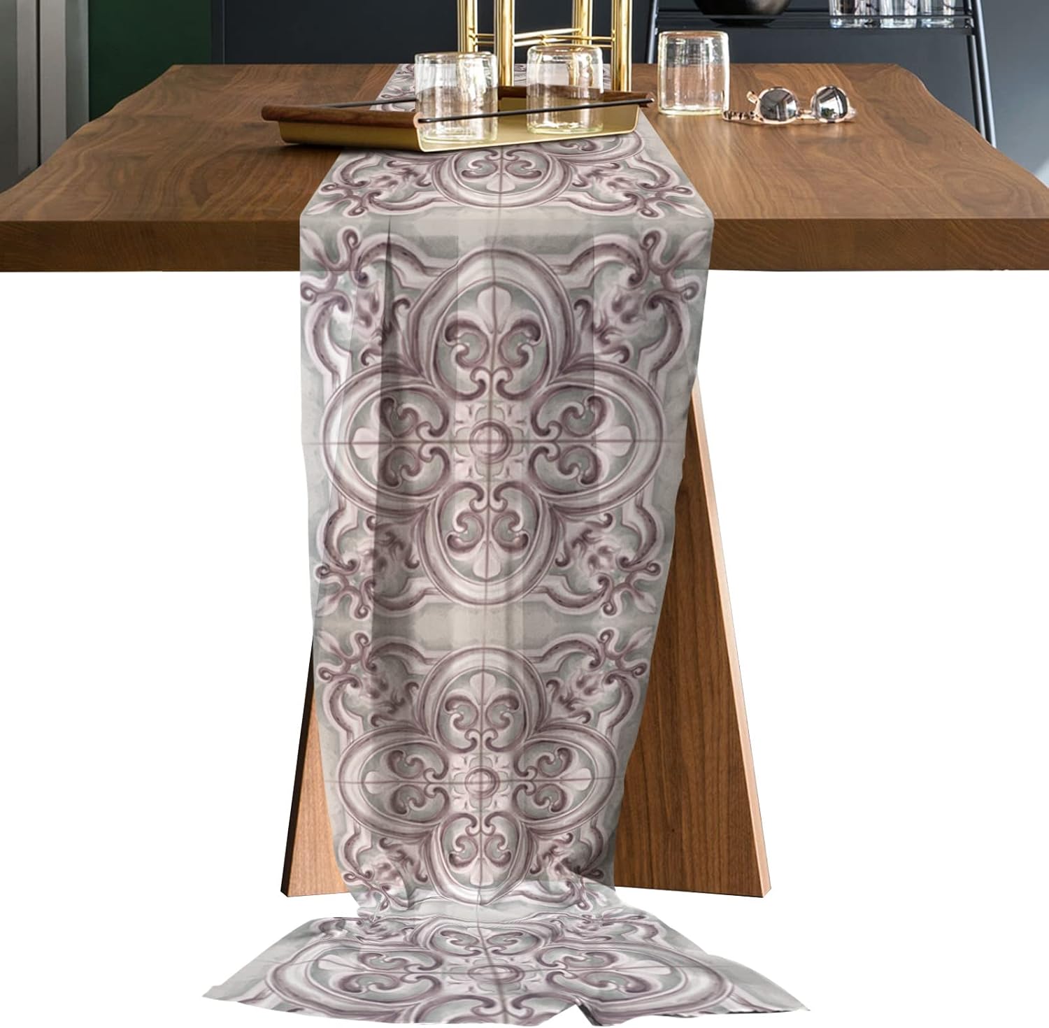 Bohemian Geometric Tile Semi Sheer Table Runner for Wedding