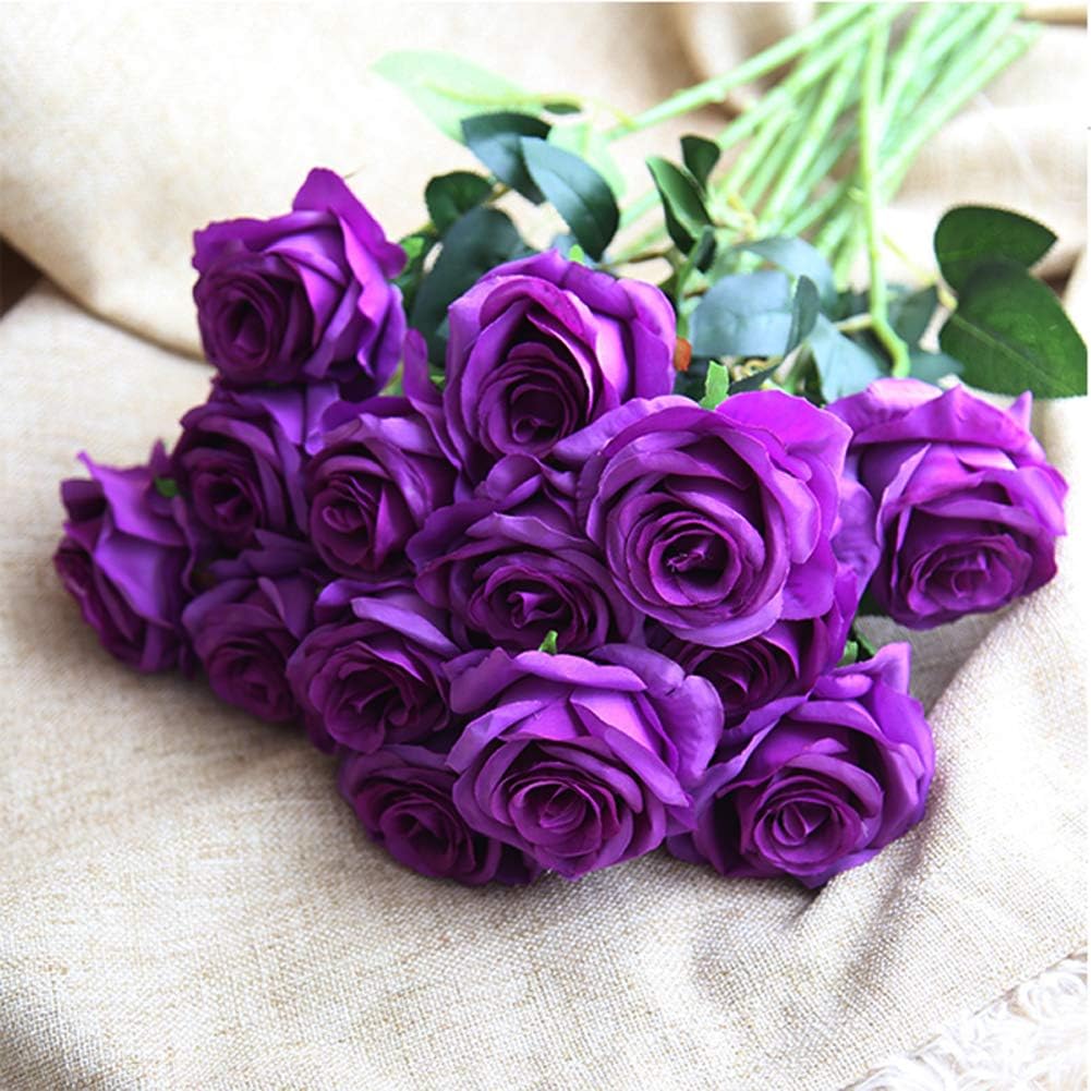 Amzali Artificial Flowers, Real Looking Blush Fake Rose Long Stem Silk Artificial Rose Flower Home Decor for Bridal Wedding Bouquet, Centerpieces Birthday Shower Party Garden floral Arrangement Purple - Image 2