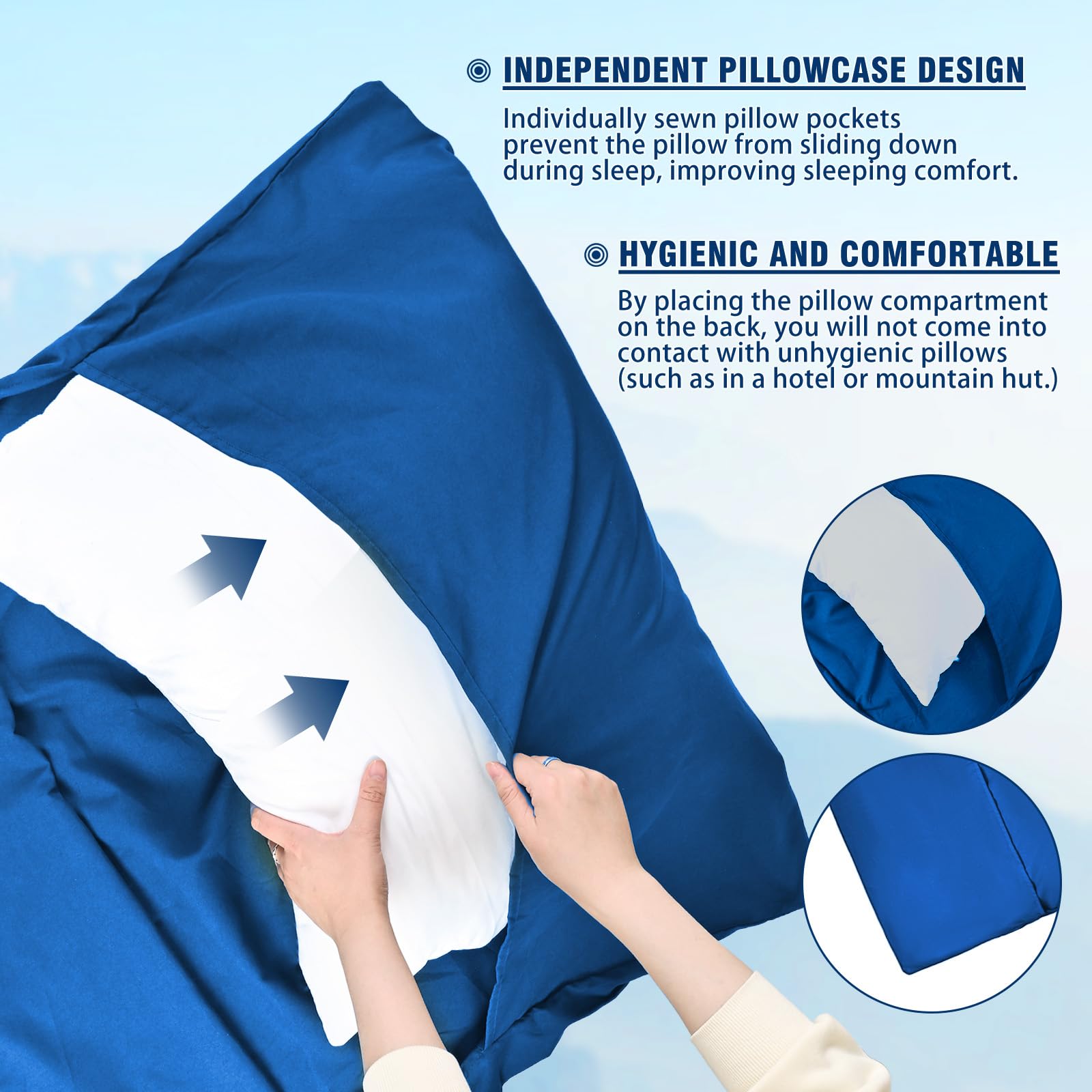 Saco de dormir de algodón ultraligero de viaje, saco de dormir de viaje con cremallera de dos vías, saco de dormir de algodón de microfibra con compartimento para almohada para camping, senderismo