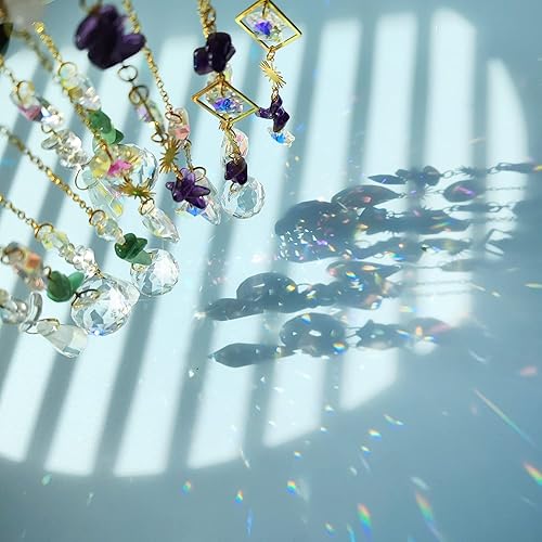 Miniatura 8 de Campanilla de viento de cristal de árbol de la vida, hecha a mano, atrapasoles de cristal, estrella, prismas de cristal, decoración de ventana