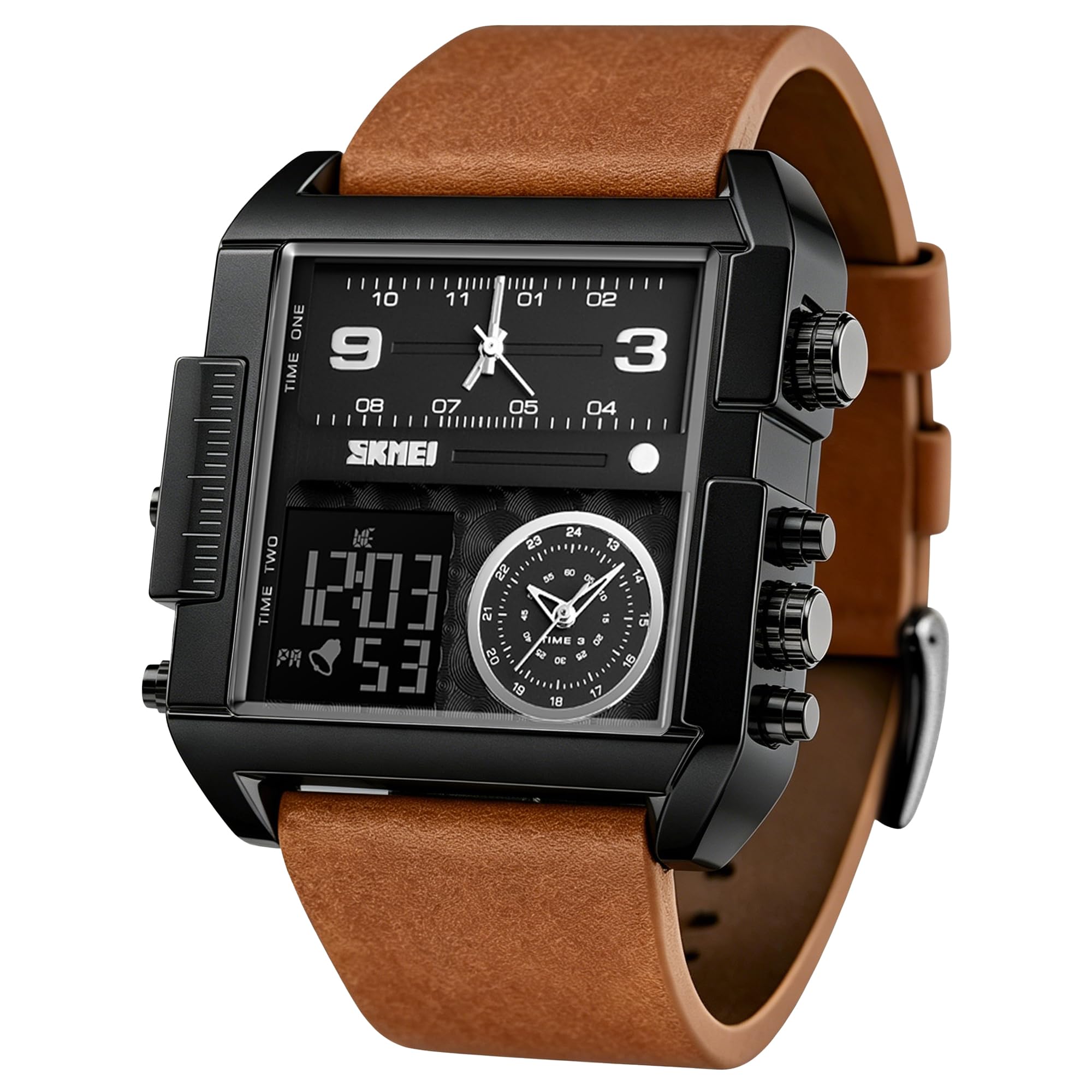 SKMEI Reloj deportivo digital para hombre, LED, cuadrado, esfera grande, analógico, de cuarzo, con cronómetro impermeable multizona horaria, Negro Marrón, Digital