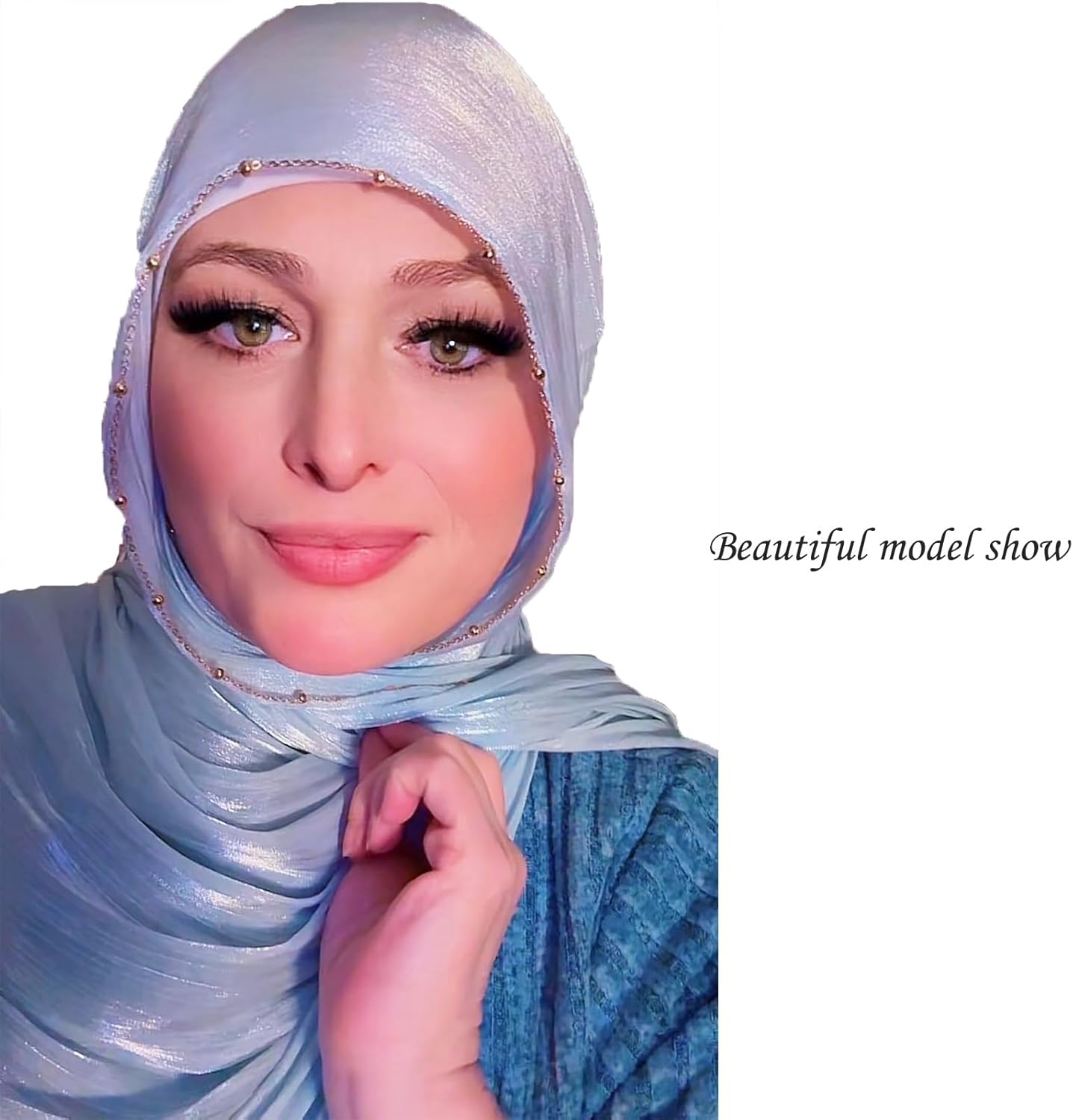 Premium Hijab Scarf for Women Lightweight 4 Edges Beaded Gold Trimmed Shimmer Hijabs Crepe Head Scarves Shawls Wraps - Image 5