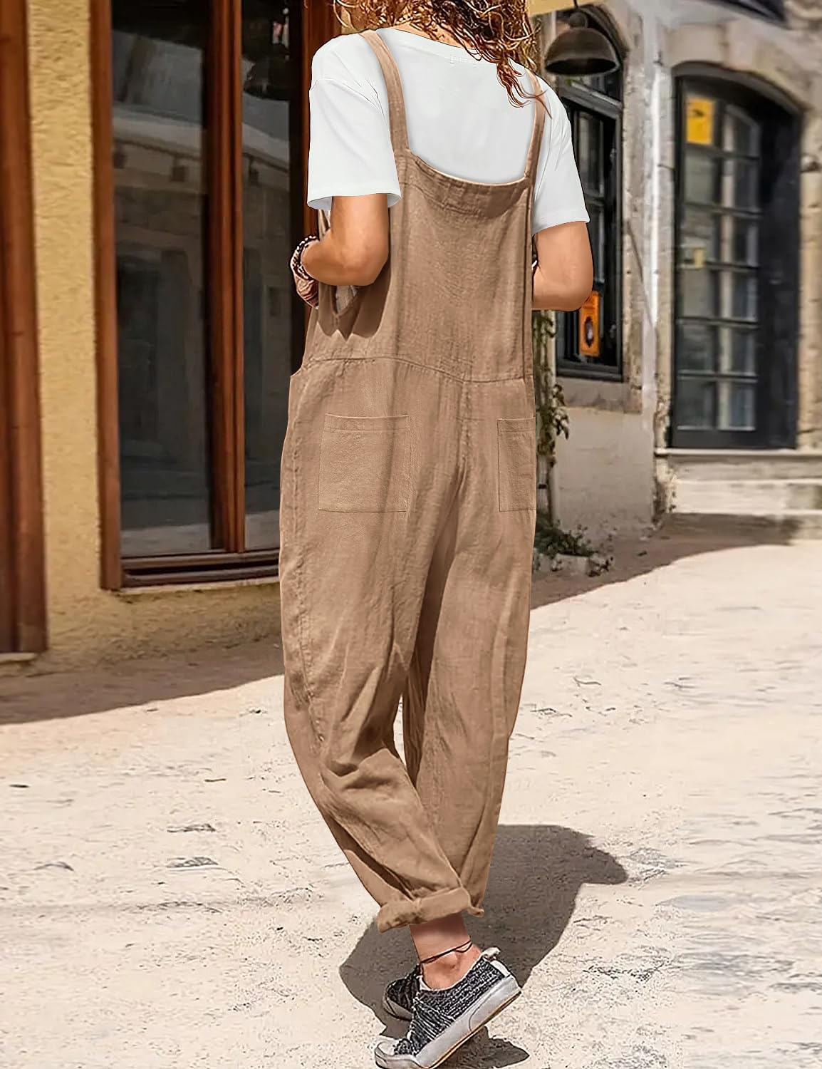 YESNO Damen Latzhose Sommer Oversize Trägerhose Beiläufig Loose Bib Pants Overall Baggy Jumpsuit Strampler Sommerhose mit Träger L PV9DE Kamel