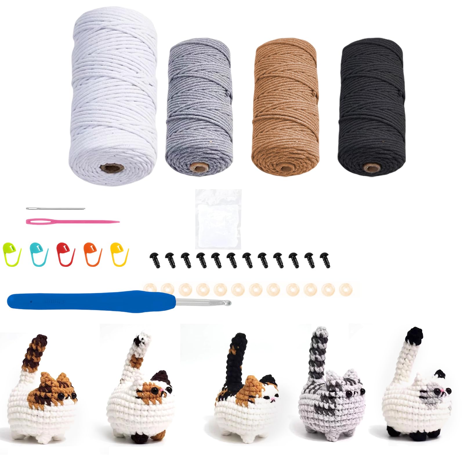 Qixuer Crochet Kit for Beginners Adults, Crochet Animal Kit, 5 Cute Cats Crochet Starter Kit, Gift for Birthdays for Beginners Set Portable Bag Knitting Accessories