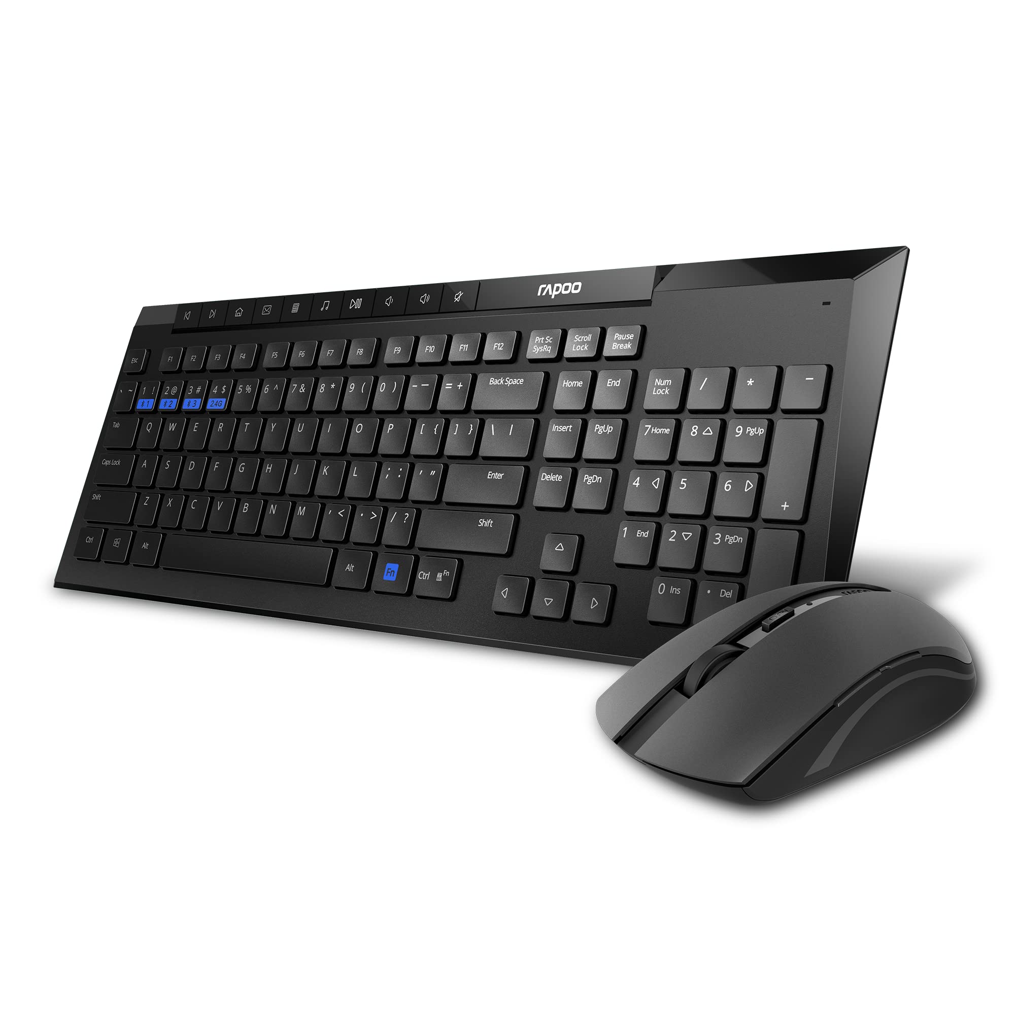 RAPOO8210M Wireless Keyboard and Mouse Combo, Multi-mode connectivity connect up to 3 Devices simultaneously, BT5.0, BT 3.0 and 2.4 G | Adjustable DPI Optical Mouse English/Arabic Layout(Black)