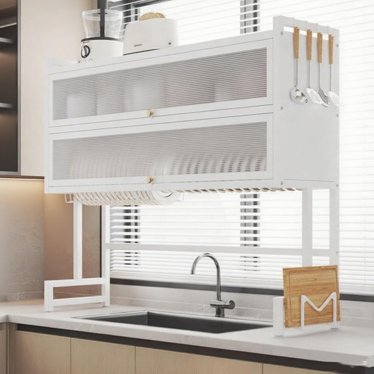 ZUGIATP 3段式 金属製食器乾燥ラック 蓋付き シンク上キッチンオーガナイザー ブラック 二重層 65cm/25インチ 省スペ