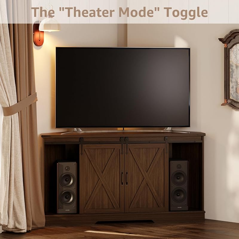 Corner TV Stand for 65 Inch TV - with Sliding Barn Door - Wood Entertainment Center - Media Console Cabinet - 58"x15.7"x31"H, Walnut image 3