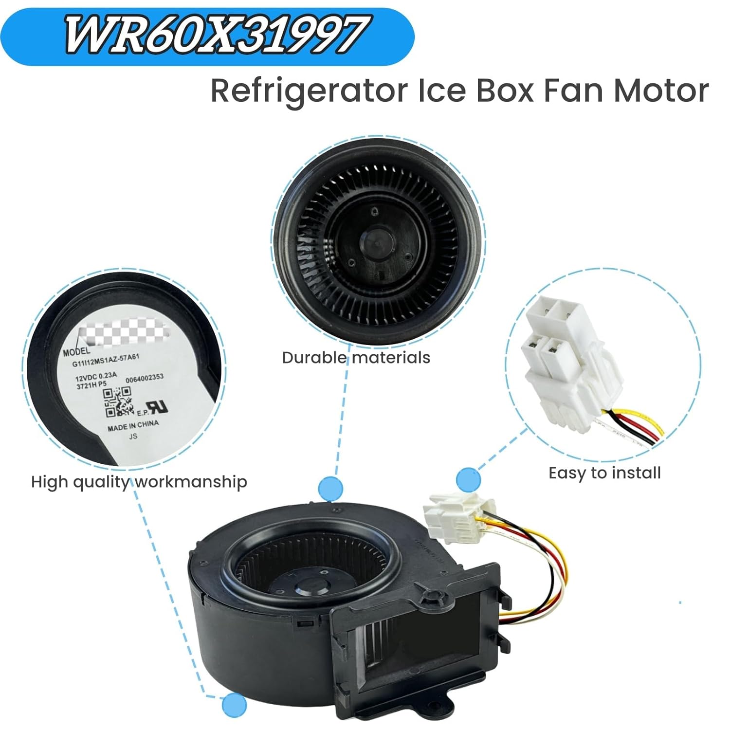 WR60X31997 Refrigerator Ice Box Fan Motor for GE Refrigerator,12VDC,0.23A Whirlpool Ice Box Fan WR60X31997