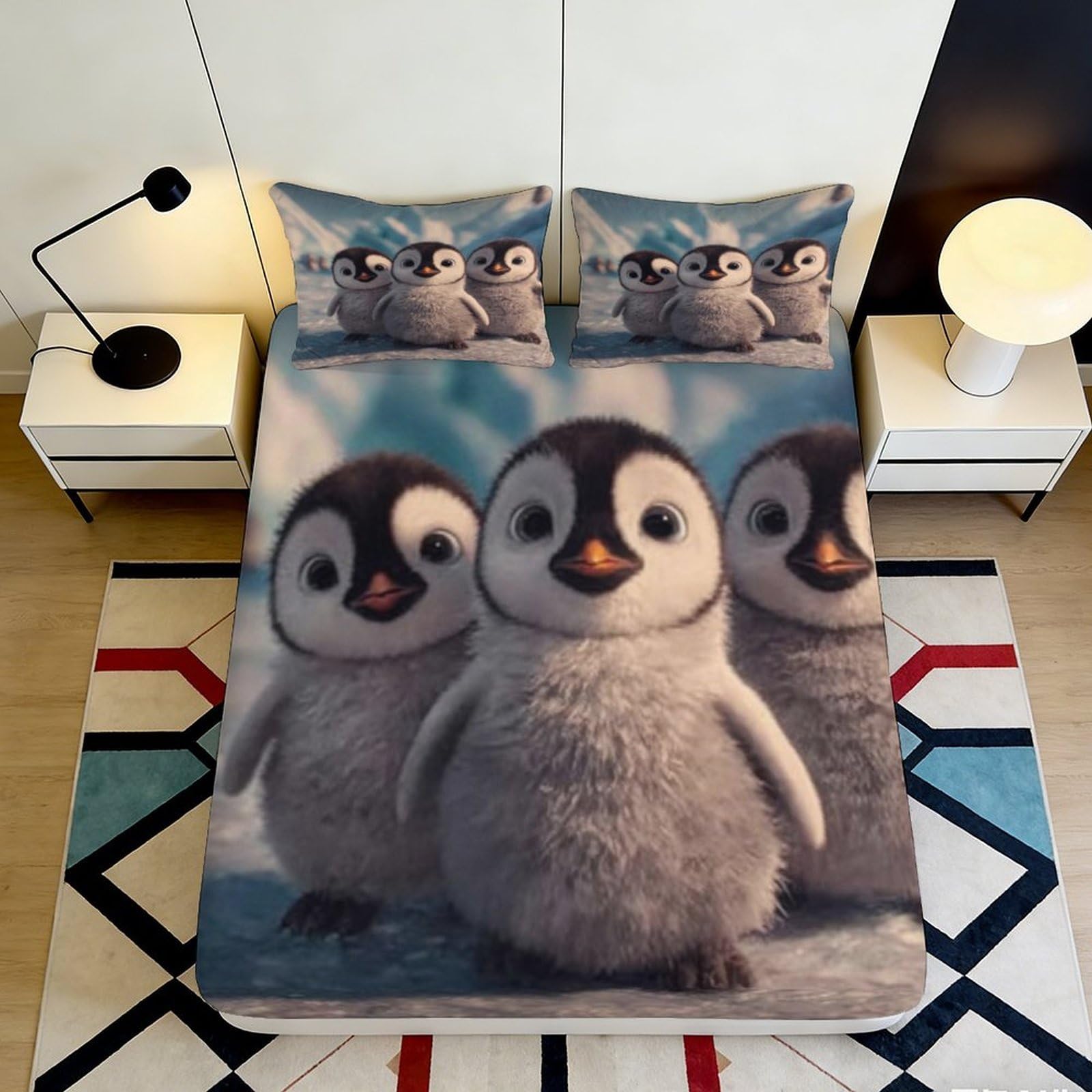 Pnayamiorkfel Style-2 3D Printed Cute Penguin Fitted Sheet Microfiber Soft Breathable Cartoon Arctic Bed Cover For Bedroom Dorm Decor 90X200x25cm