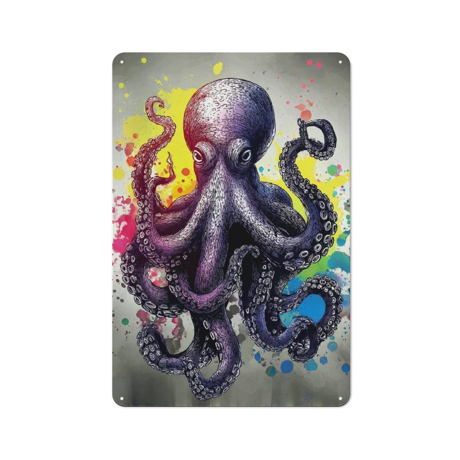 Junmoney Colorful Ink Octopus Illustration Metal Wall Sign With Design 30X20cm, Loft Style Studio Wall Art For Flat, Bar, Studio Or Gallery Wall