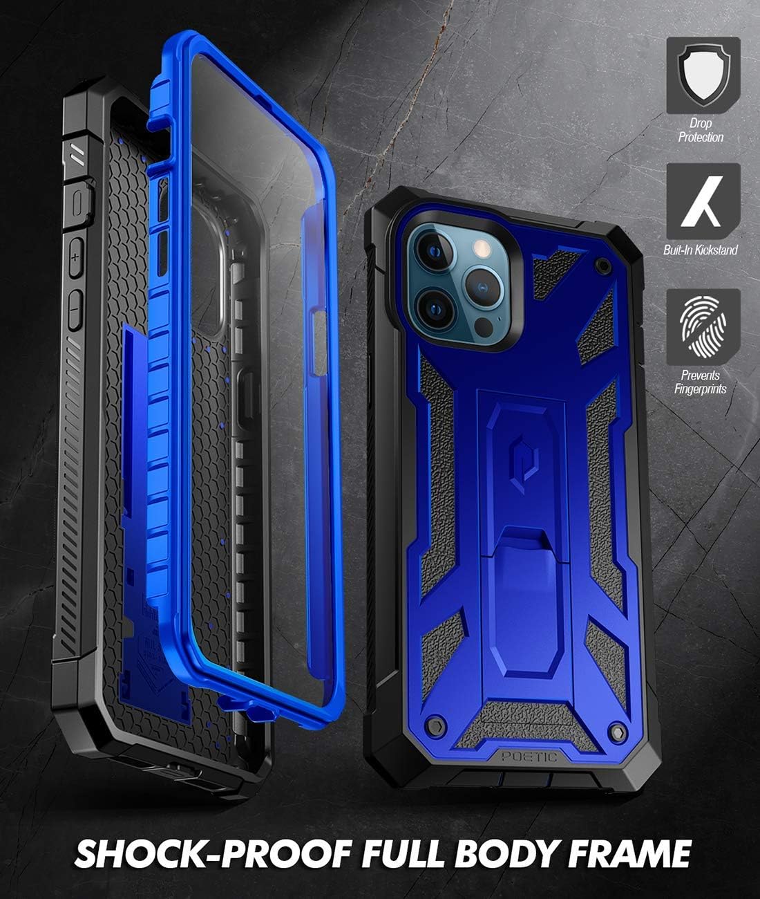 Poetic Spartan Series for iPhone 12 Pro Max 6.7 inch Case, Full-Body Rugged Dual-Layer Metallic Color Accent with Premium Leather Texture Shockproof Protective Cover with Kickstand, Metallic Blue