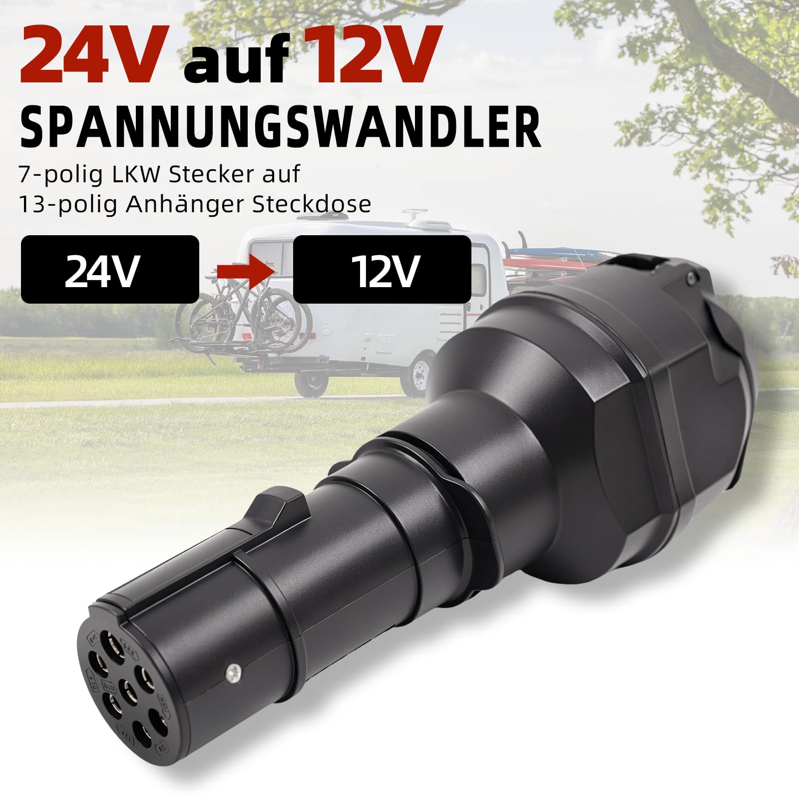 Spannungswandler 24V auf 12V – 7-polig auf 13-polig für LKW Anhänger, Adapter für Trailer, Spannungsreduzierer (7-polig auf 13)