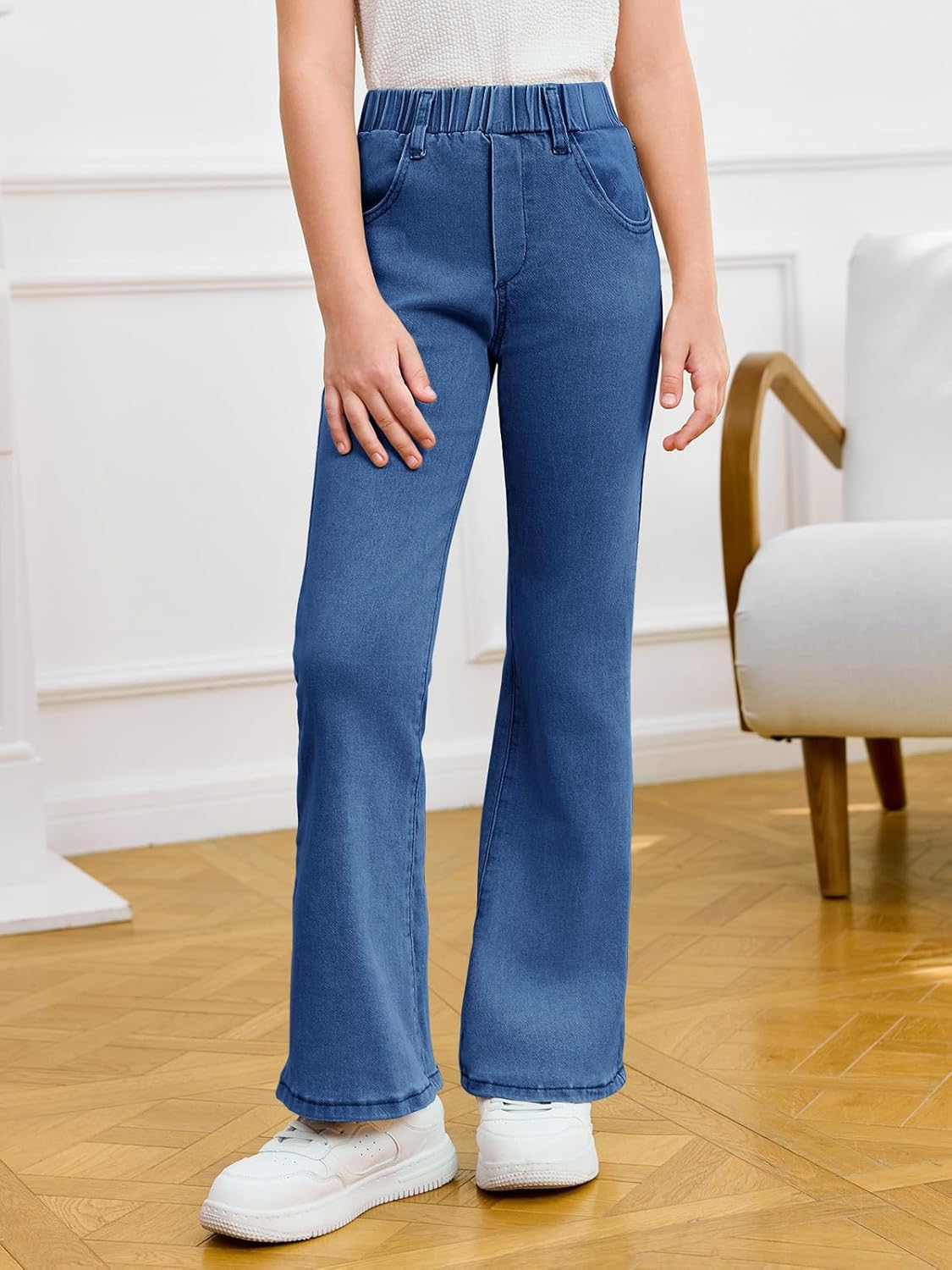 Haloumoning Girls Flare Jeans Kids Fashion Stretchy Denim Pants Bell Bottoms with Pockets - Image 2