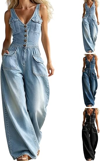 Denim Jumpsuit Denim Romper for Women Sleeveless V Neck Camisole Smocked Waist Wide Leg Jean Jumpsuit Long Overalls