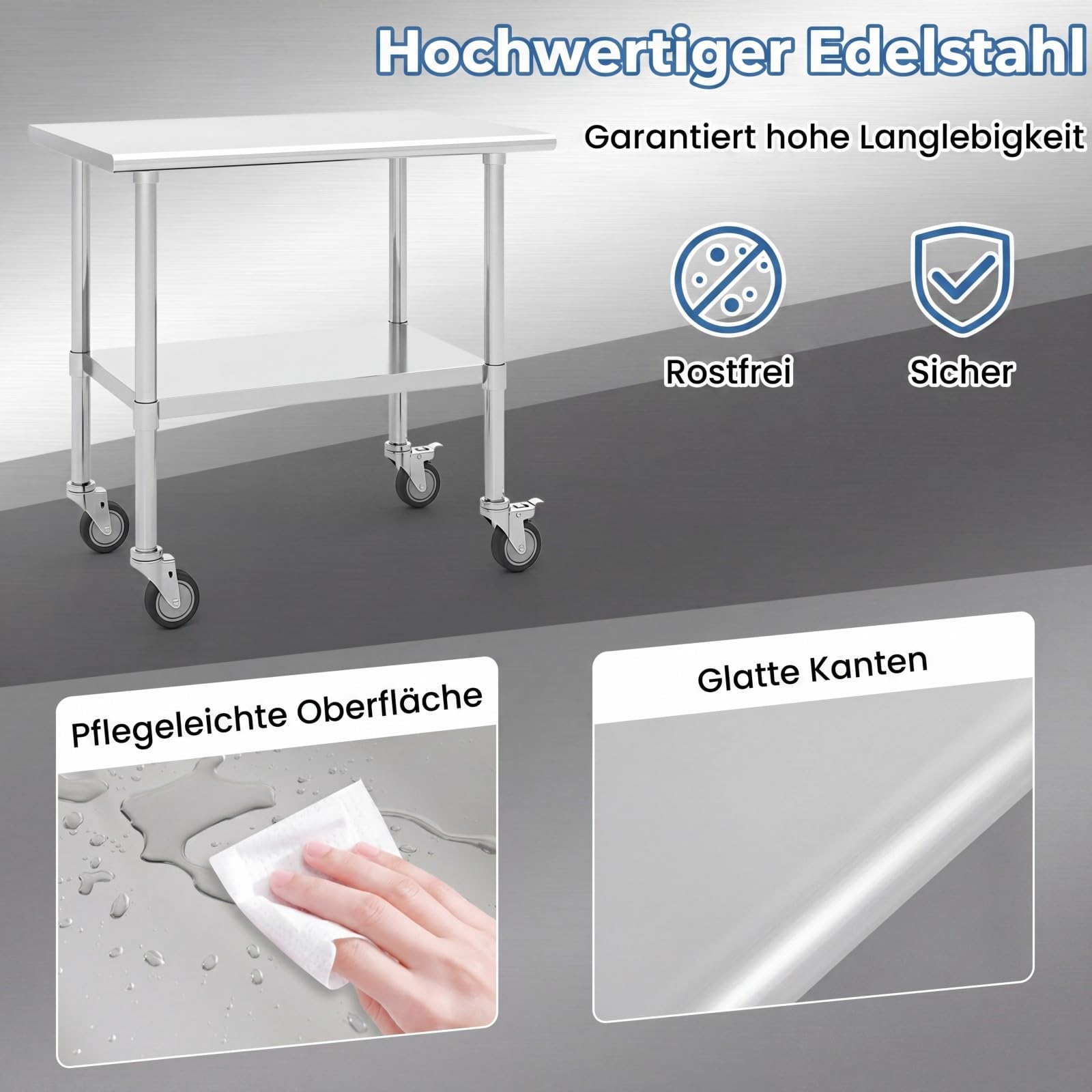 GIANTEX Edelstahl Arbeitstisch Edelstahltisch mit Rollen, Küchentisch mit höhenverstellbarer Ablage, 2 Ebenen, 91,5 x 61 x 88,5 cm, Küche Lebensmittel Zubereitungstisch, für Küche Bar