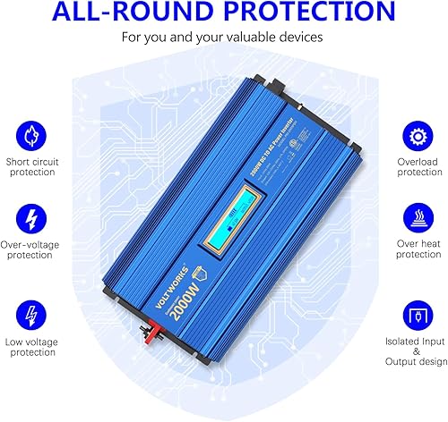 Miniatura 4 de VOLTWORKS - Convertidor inversor de corriente de automóvil de onda sinusoidal pura de 2000 vatios CC 12 V a 120 V CA con control remoto y pantalla