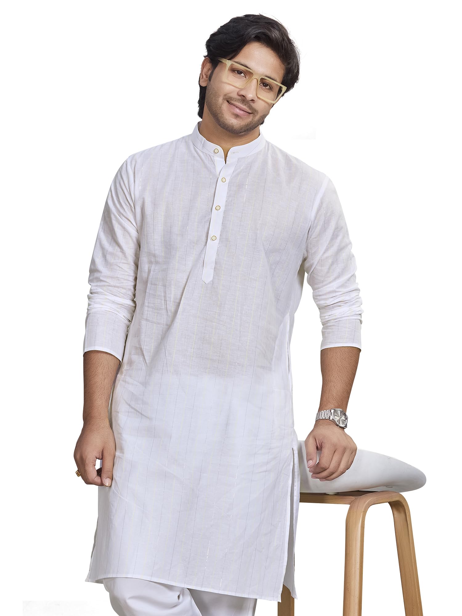authentics Pure Cotton Handloom Golden Stripes Premium Kurta | Regular Fit | Casual Ethnic Wear | Perfect for Any Occasion | Premium Fabric | Elegant Style | 100% Cotton |-picture-38