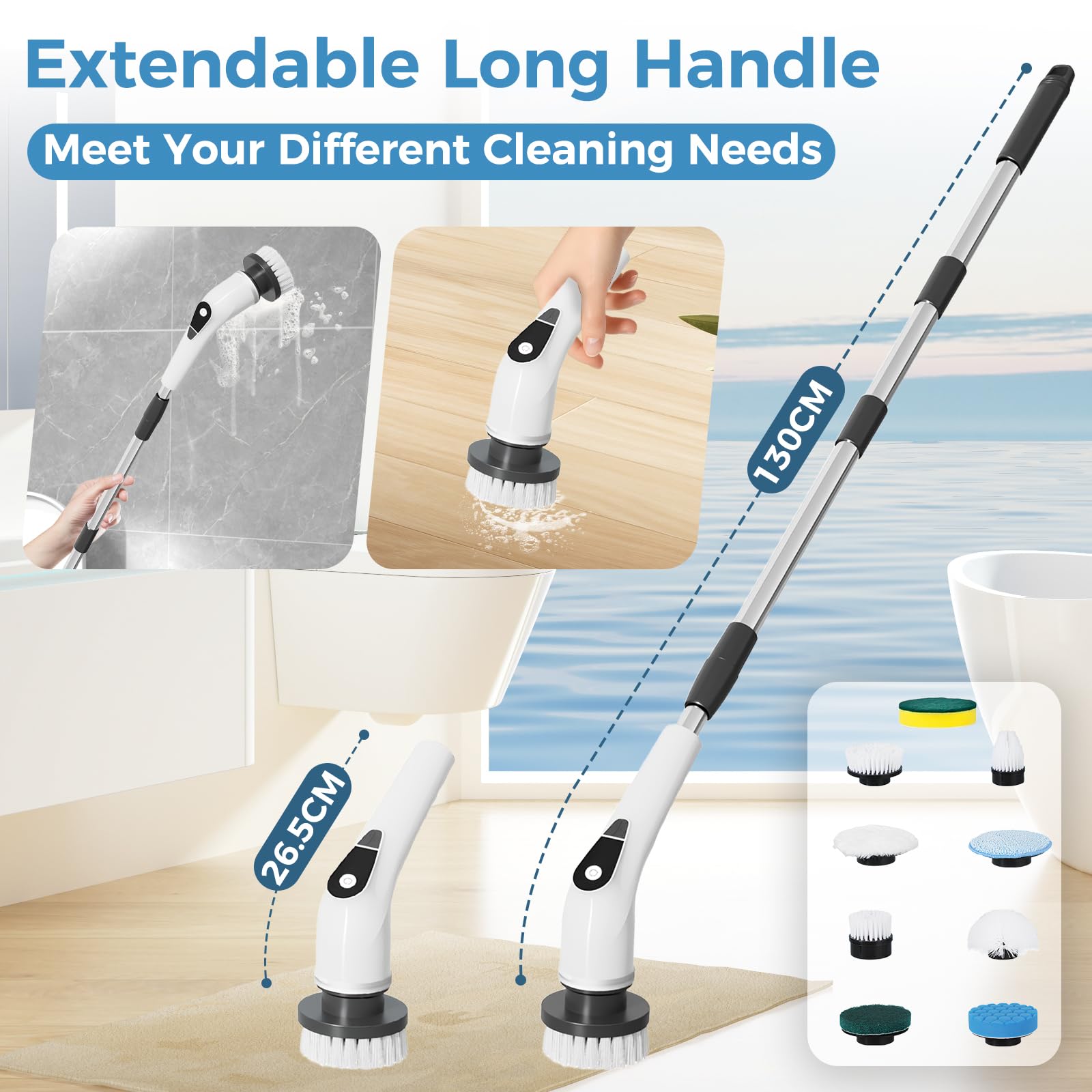 Cepillo Electrico Limpieza Hogar 9 en 1, Fregadora Giratoria Eléctrica con 9 Cabezales Intercambiables, 5 Velocidades Ajustables, IPX6 Impermeable, Mango Extensible Ajustable para baño, Cocina