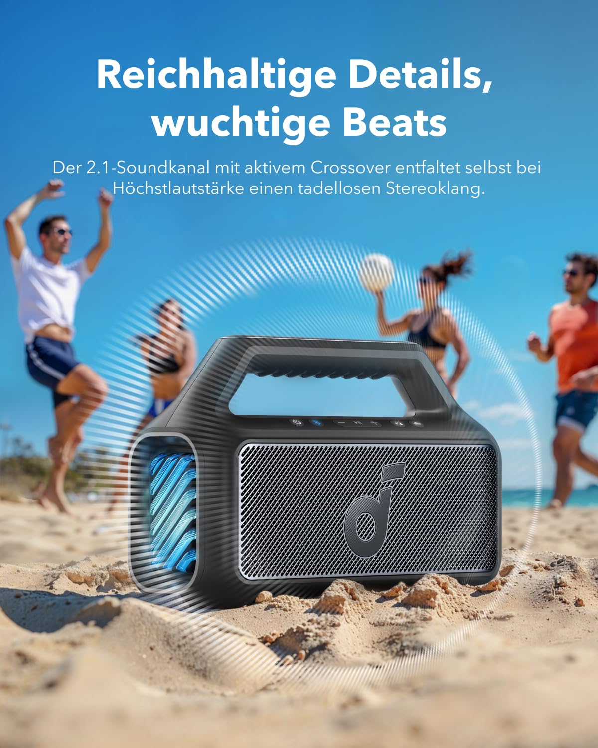 soundcore by Anker, Boom 2 Outdoor-Lautsprecher, 80W, Subwoofer, BassUp 2.0, 24h Akku, IPX7 Wasserdicht & Schwimmt, LED-Licht, USB-C, EQ, BT 5.3, Mobiler Bluetooth-Speaker, Camping, Strand, Garten